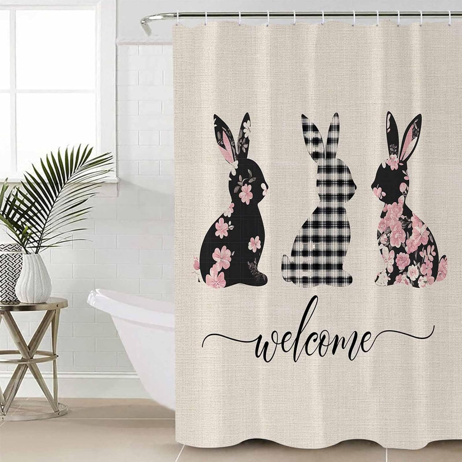 CosyBright Shower Curtain Set with Hooks 72x72 Inch Black Buffalo Plaid Easter Rabbits