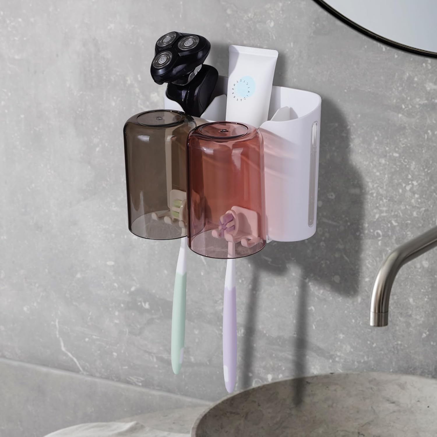 Eichzer Wall-Mounted Toothbrush Holder with 3 Slots and 2 Rinse Cups