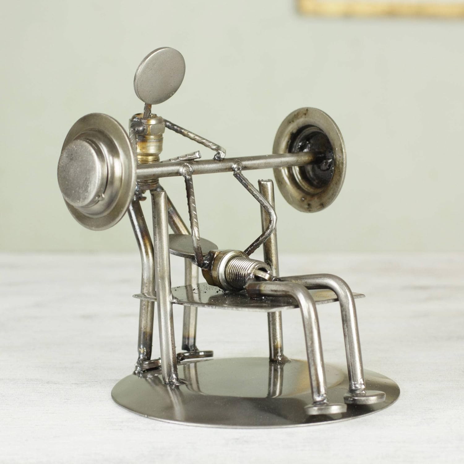NOVICA Recycled Auto Parts Sports Theme Iron Sculpture Rustic Weightlifter
