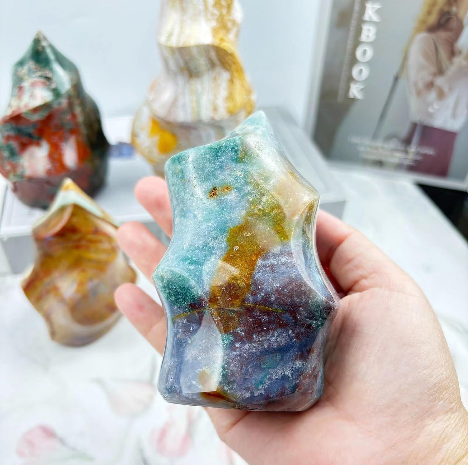 Ocean Jasper Flame Shaped Healing Crystal Tower Statue