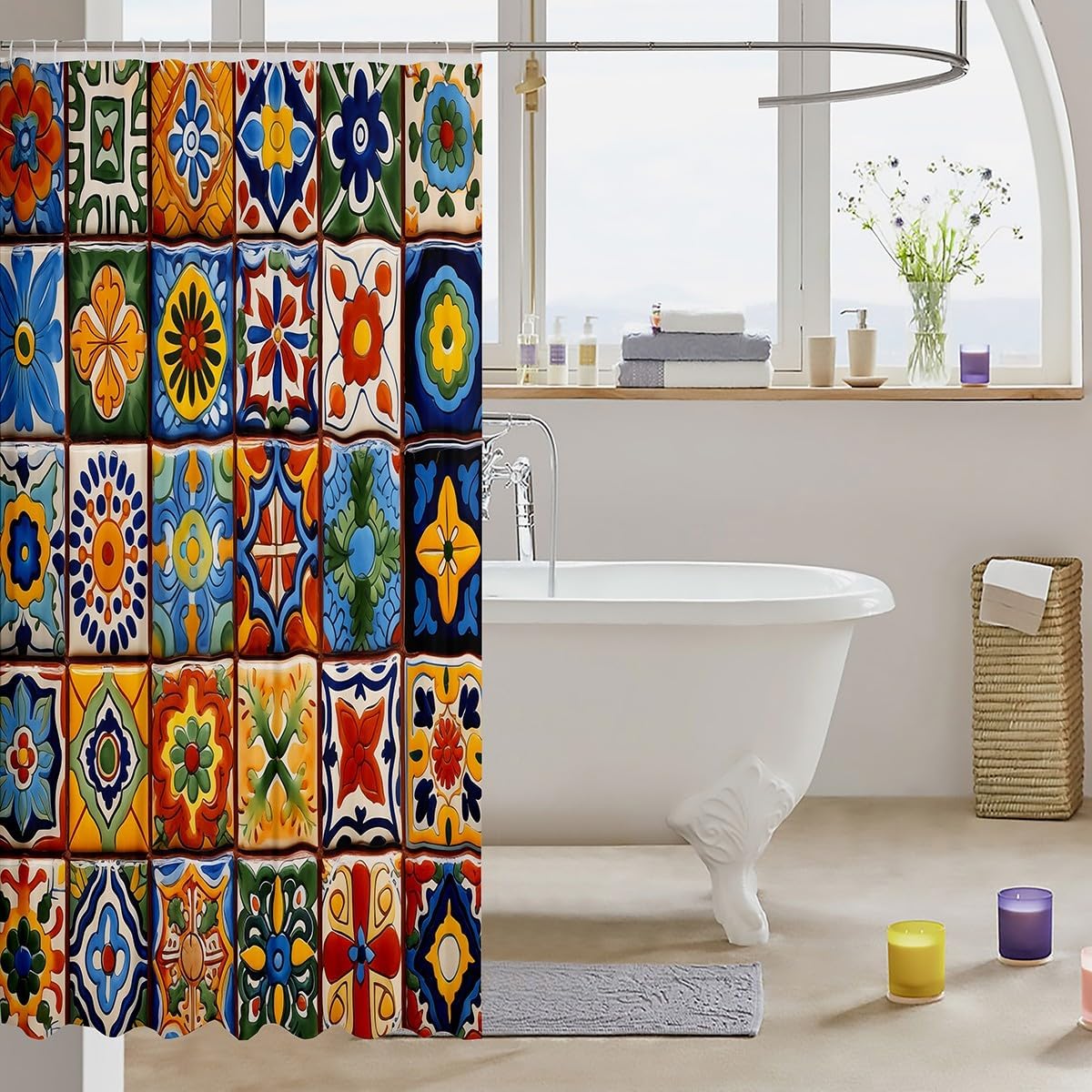 Erosebridal Mexican Talavera Tile Shower Curtain Set