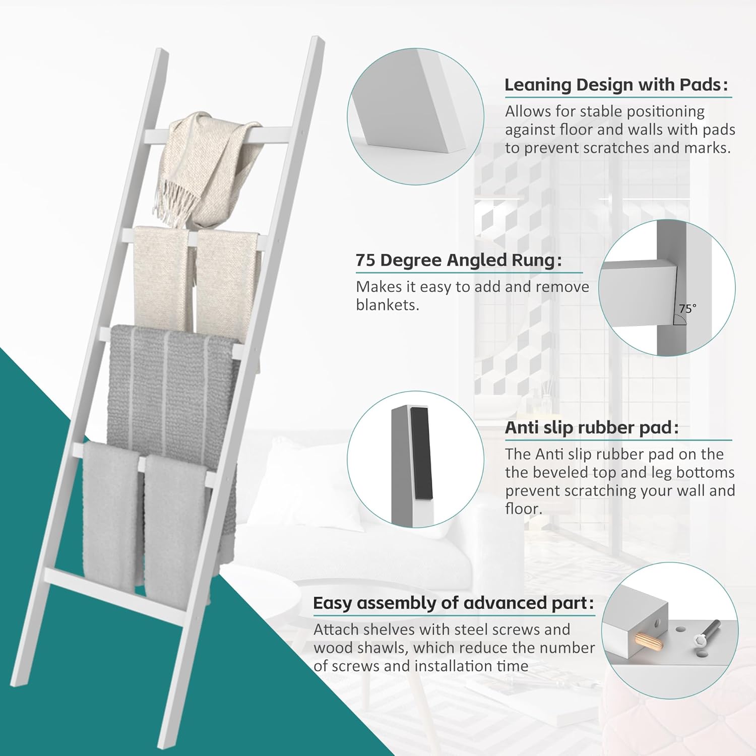 POXAKA 5-Tier Bamboo Blanket Ladder with White Lacquer