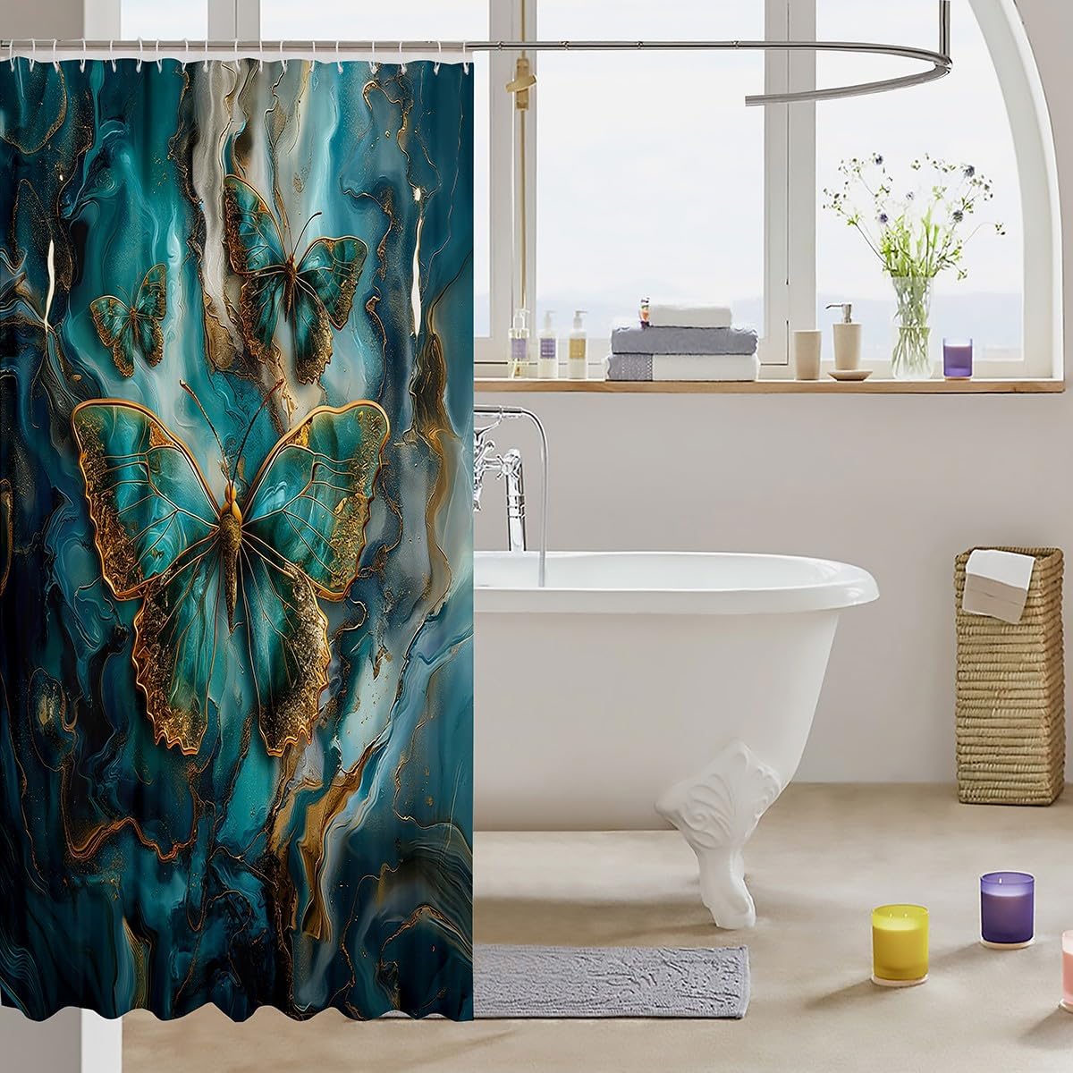 Erosebridal Gold Teal Marble Shower Curtain Set with 15 Hooks