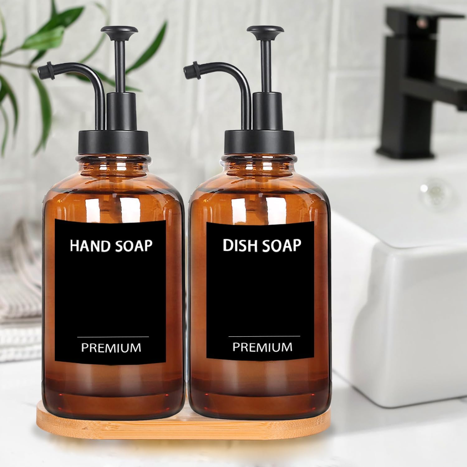 Hoousuper Amber 18 Oz Dish Soap Dispenser Set 1