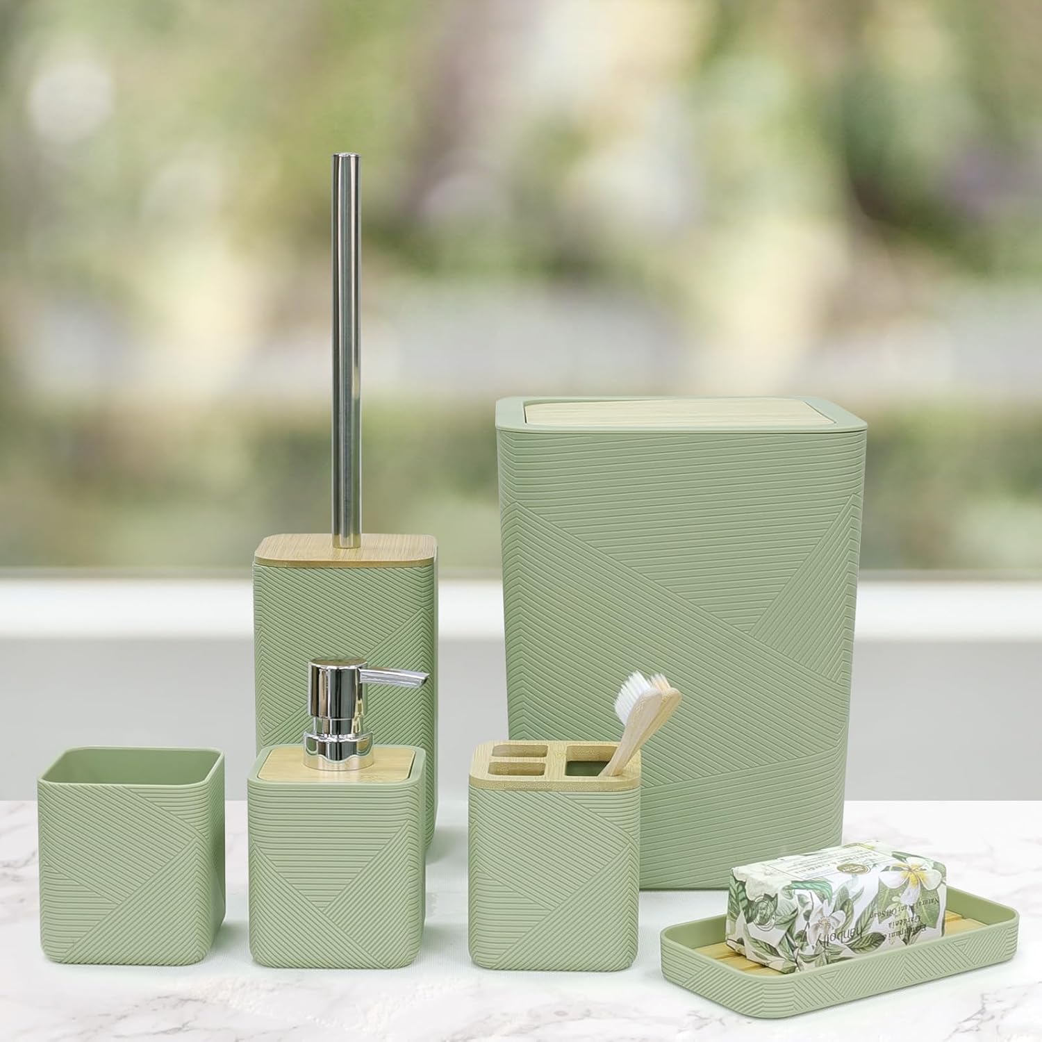 CERBIOR 6-Piece Bathroom Accessory Set Green Bamboo Style