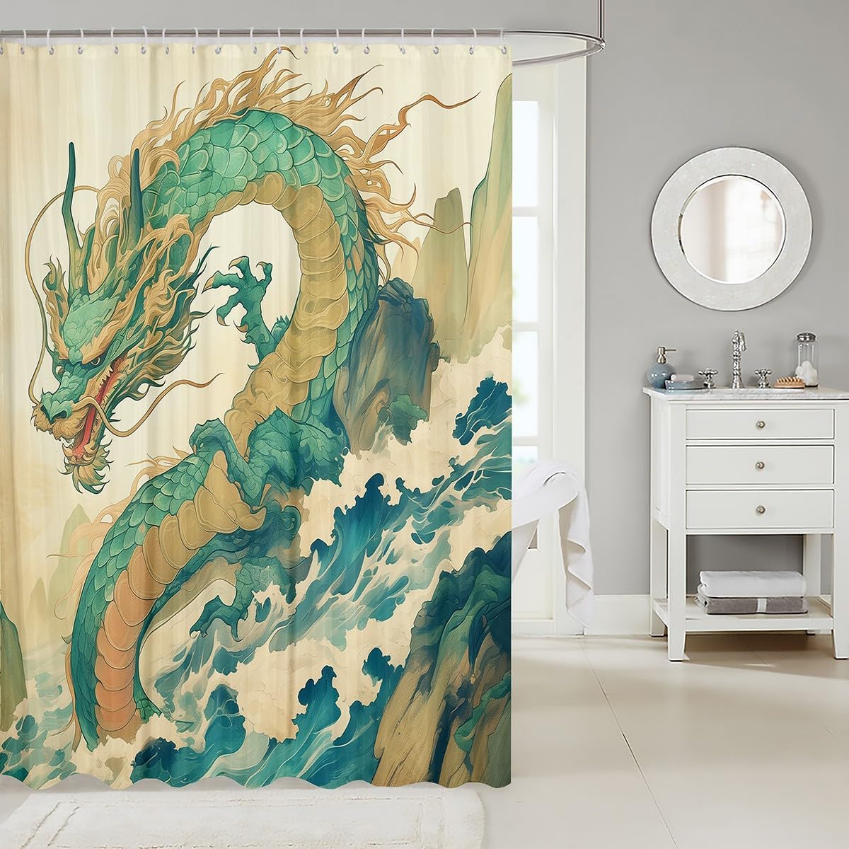 Erosebridal Dragon Style Waterproof Shower Curtain Set