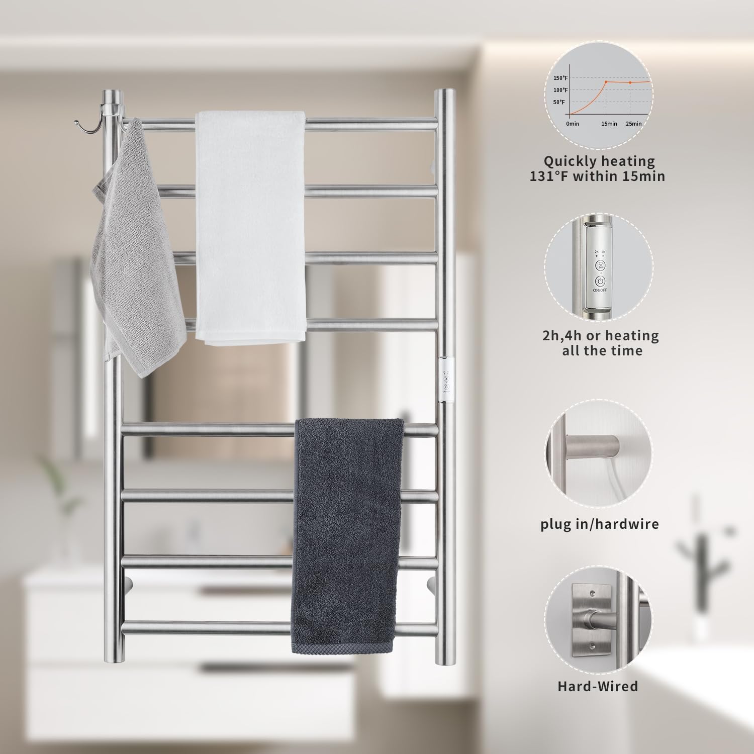 NORTTA Wall Mounted Towel Warmer 8 Bars 21 x 34