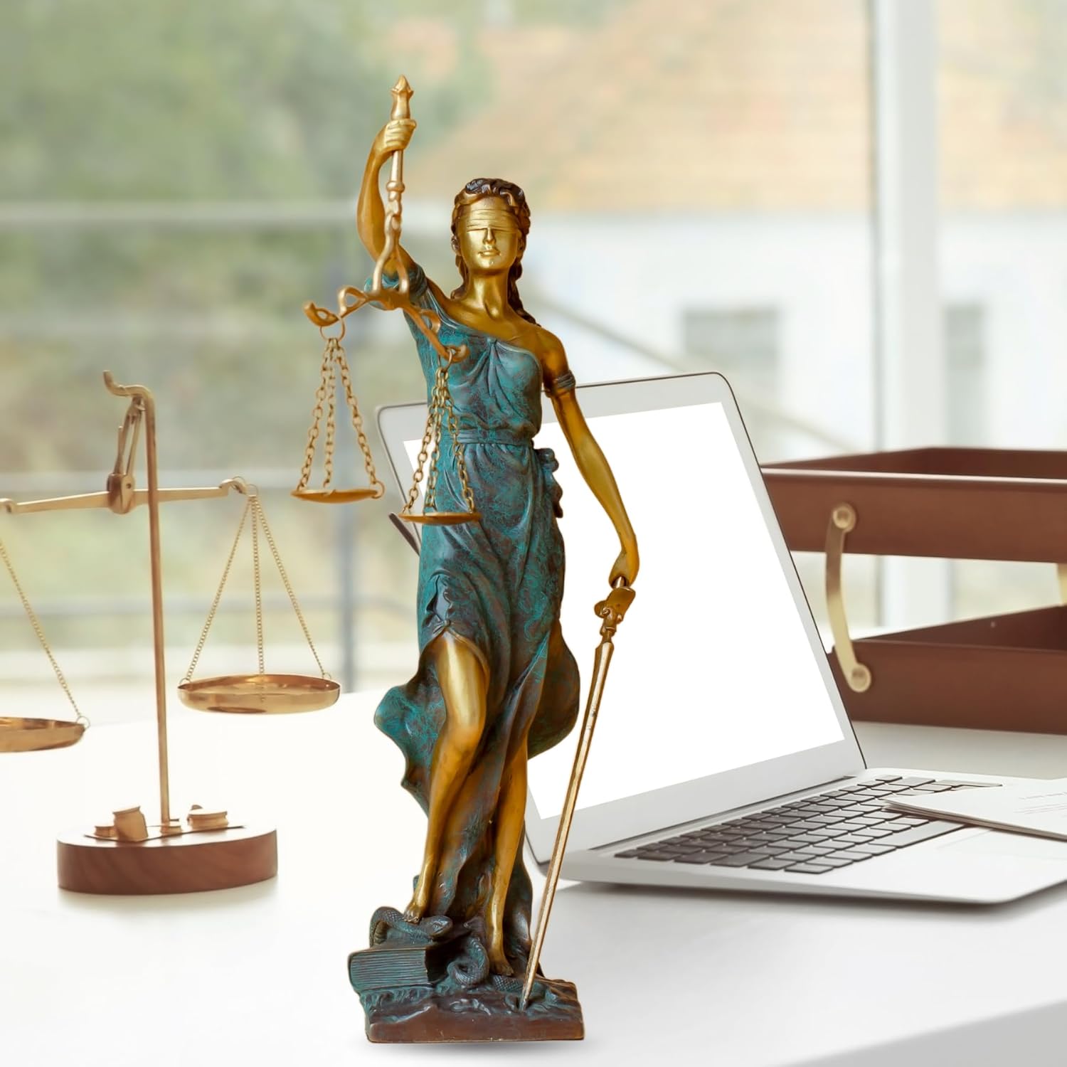 R REALONG Bronze Blind Justice Statue 11 Law Figure Office Desk Sculpture
