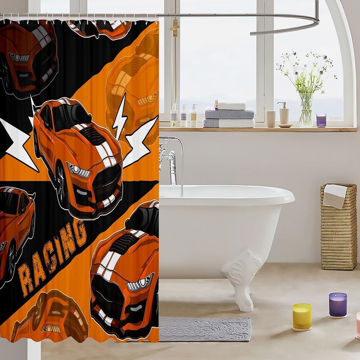 Erosebridal Race Car Shower Curtain Set for Boys Kids