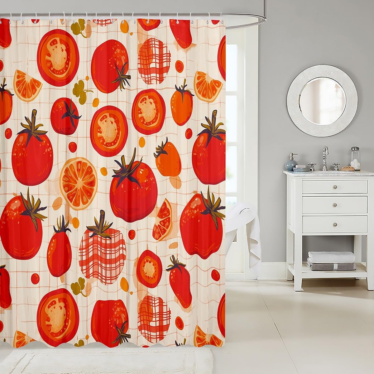 Erosebridal Waterproof Cartoon Tomato Shower Curtain 72x78 Red White Plaid