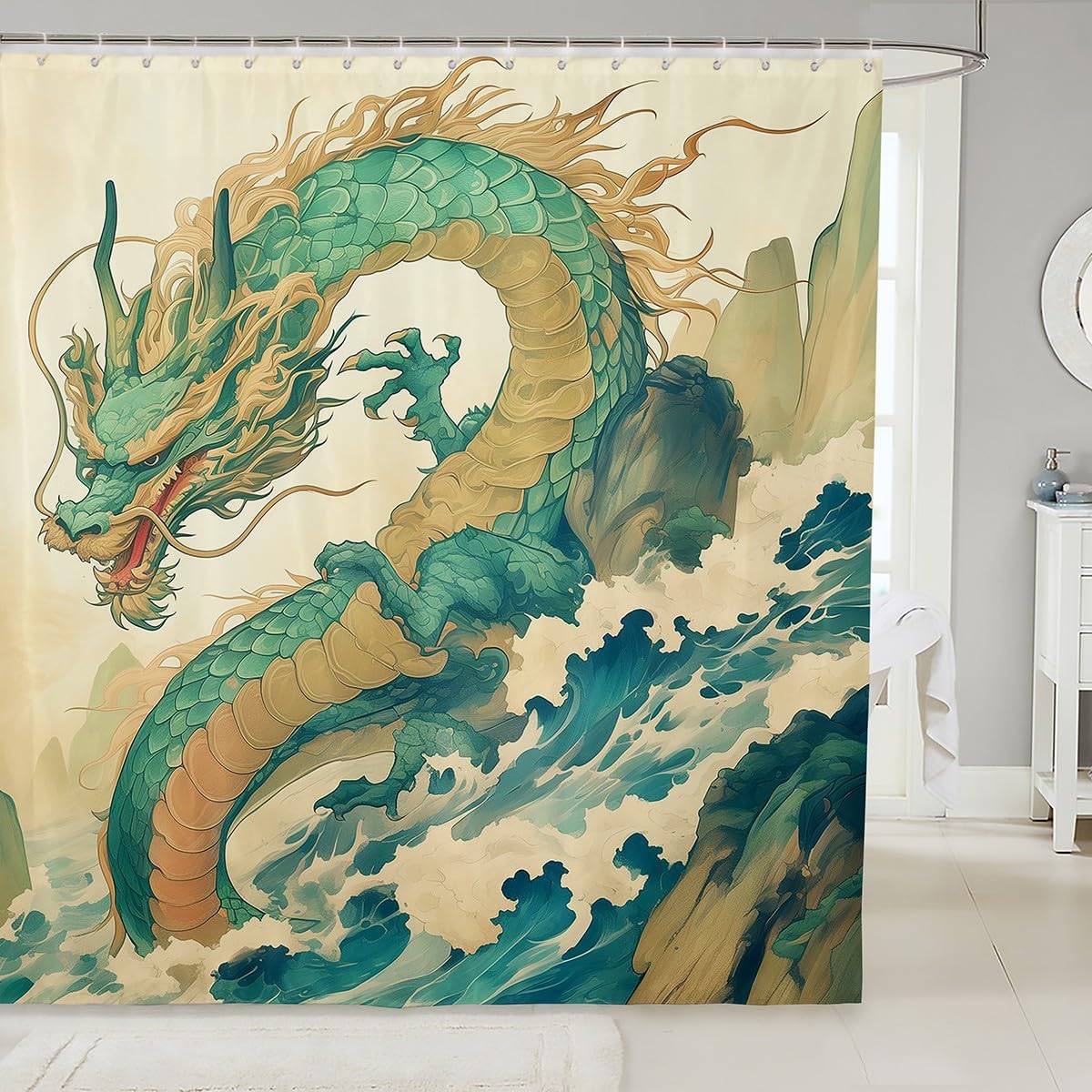 Erosebridal Dragon Style Waterproof Shower Curtain Set