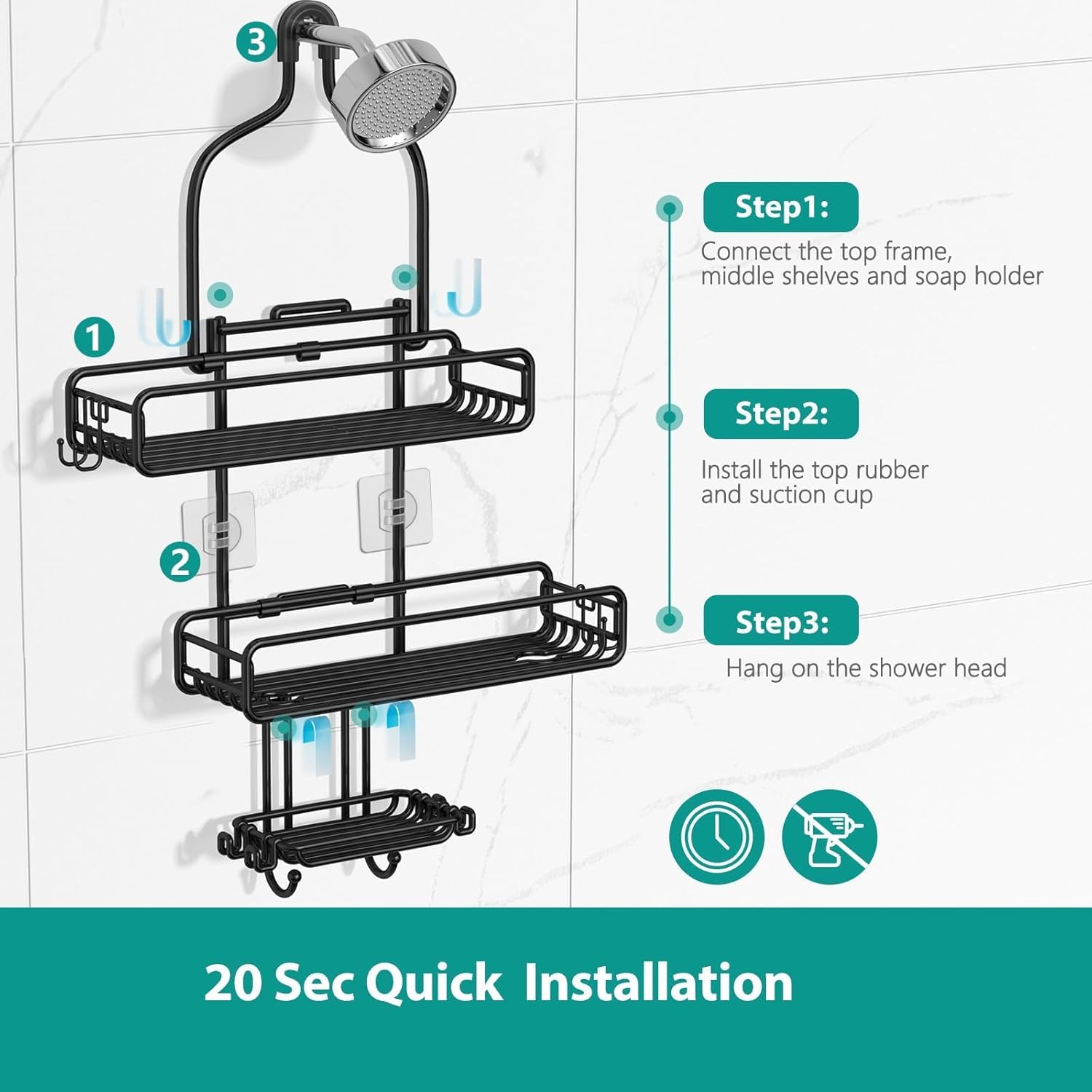HAMITOR Adjustable Shower Caddy with 3-Tier Baskets and 4 Hooks - Black 1