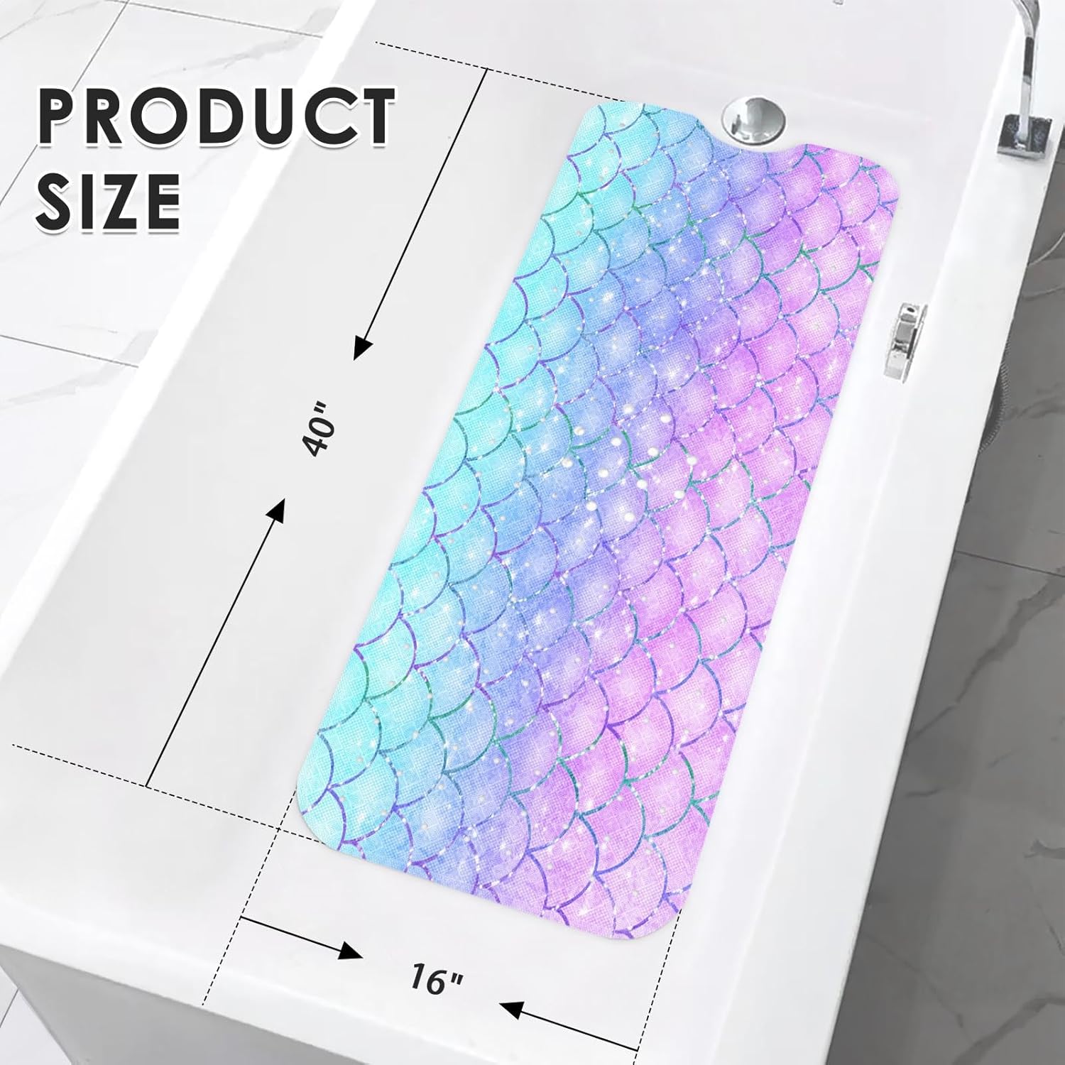 Culudea Pink Blue Mermaid Bathtub Mat 40X16 Inch Non-Slip