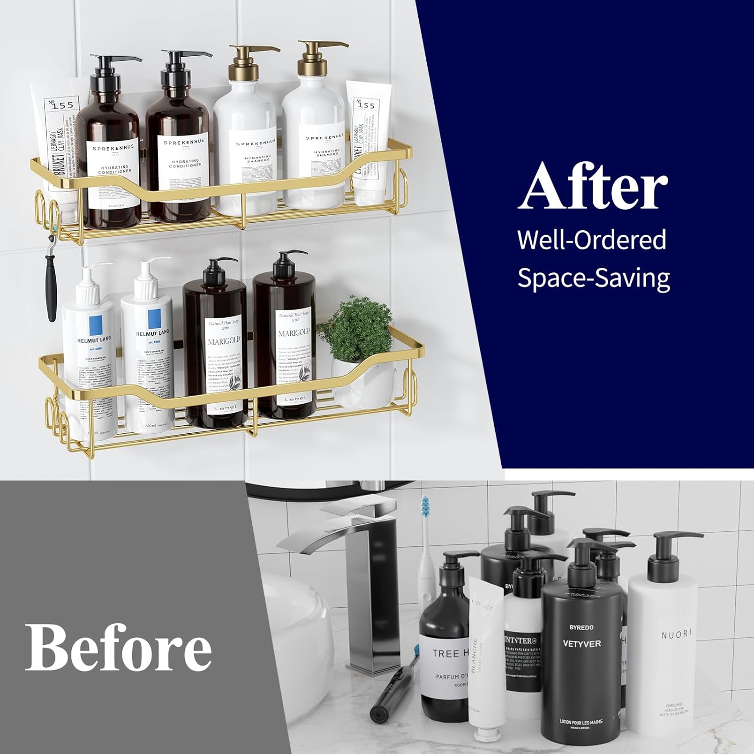 Kitsure Shower Caddy Large - 2 Pack Gold Adhesive Organizer