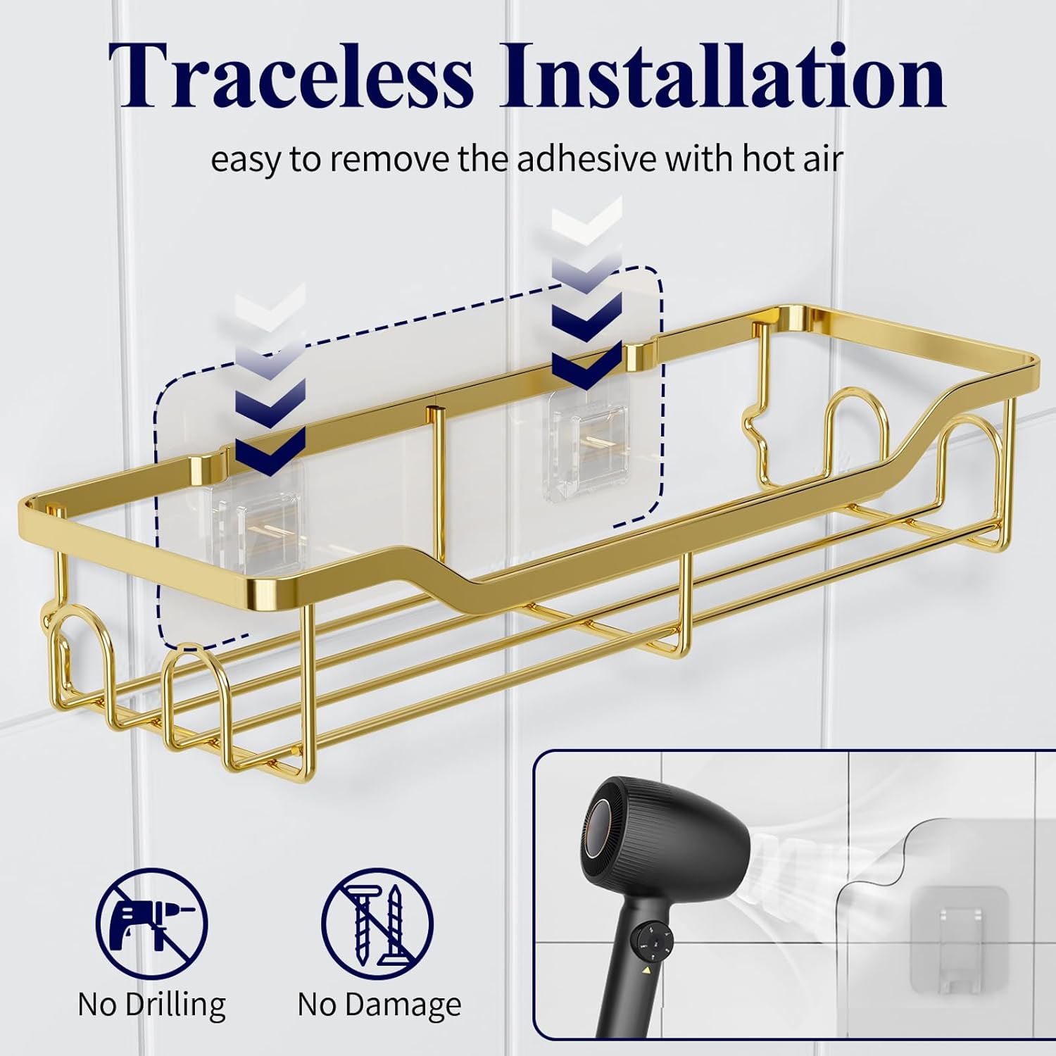 Kitsure Shower Caddy Large - 2 Pack Gold Adhesive Organizer