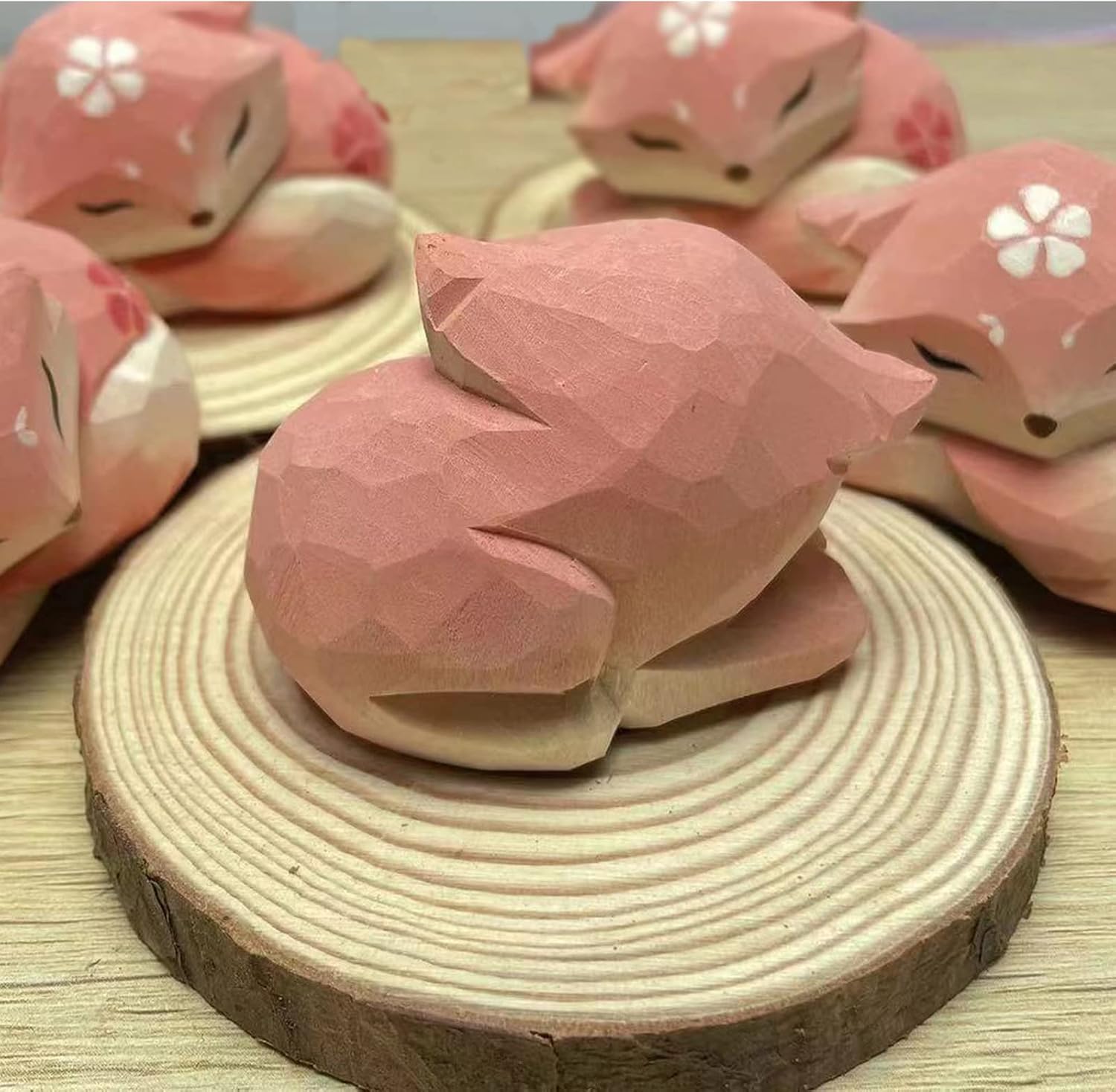 Pink Handmade Wooden Fox Statue Sculpture