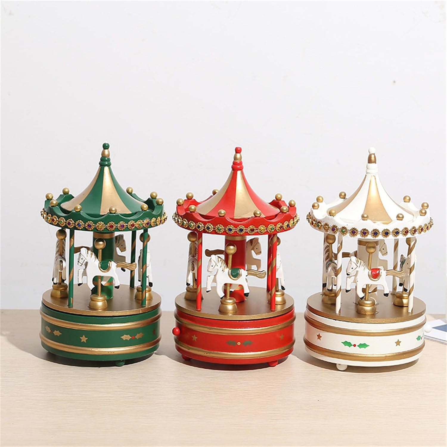 Nudsfuii Gold Wood Musical Rotating Carousel Christmas Figurine Table Decor
