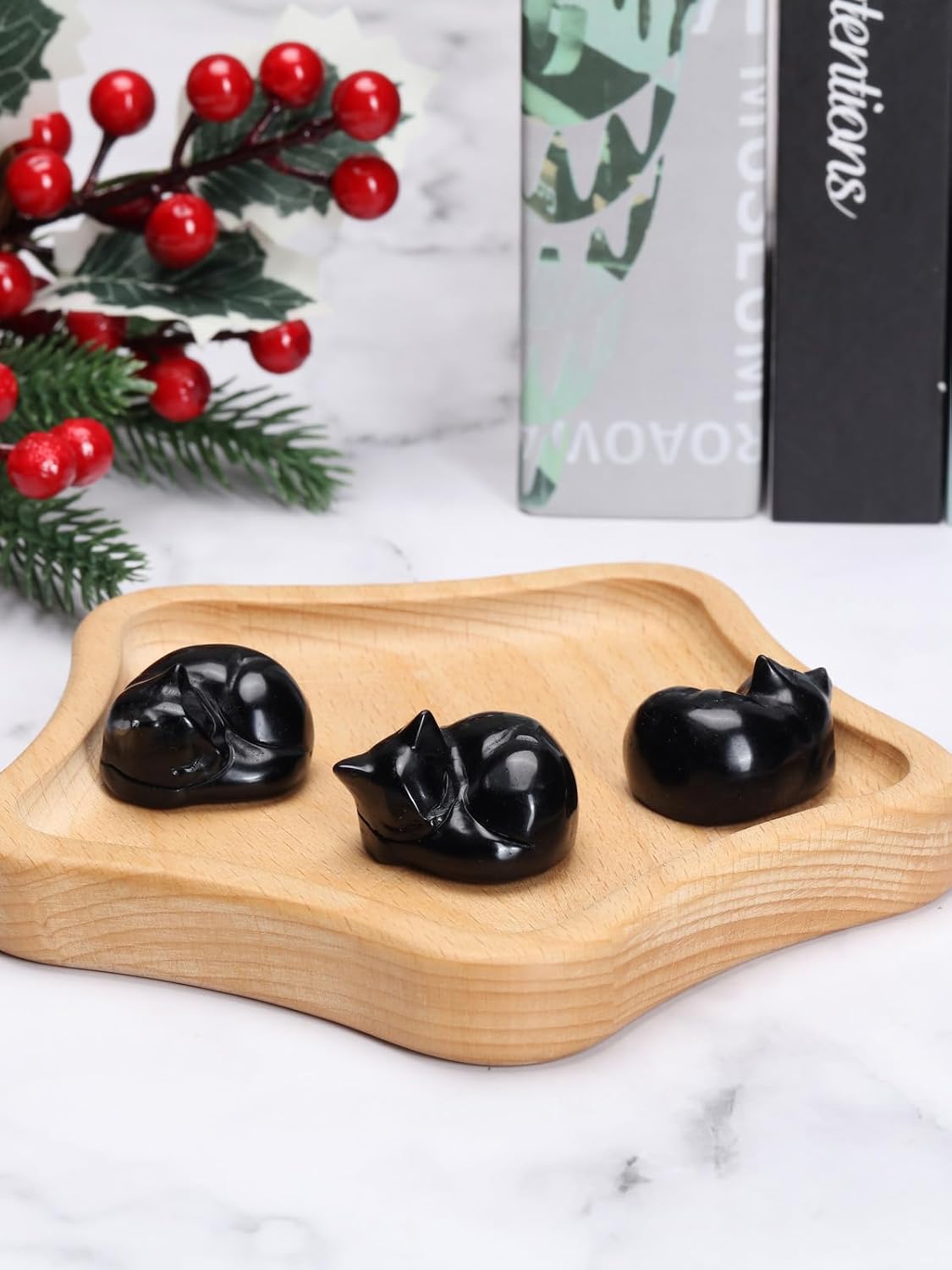 Jovivi Polished Black Obsidian Sleeping Cat Figurine 16 Inch Handmade Crystal Kitten Statue