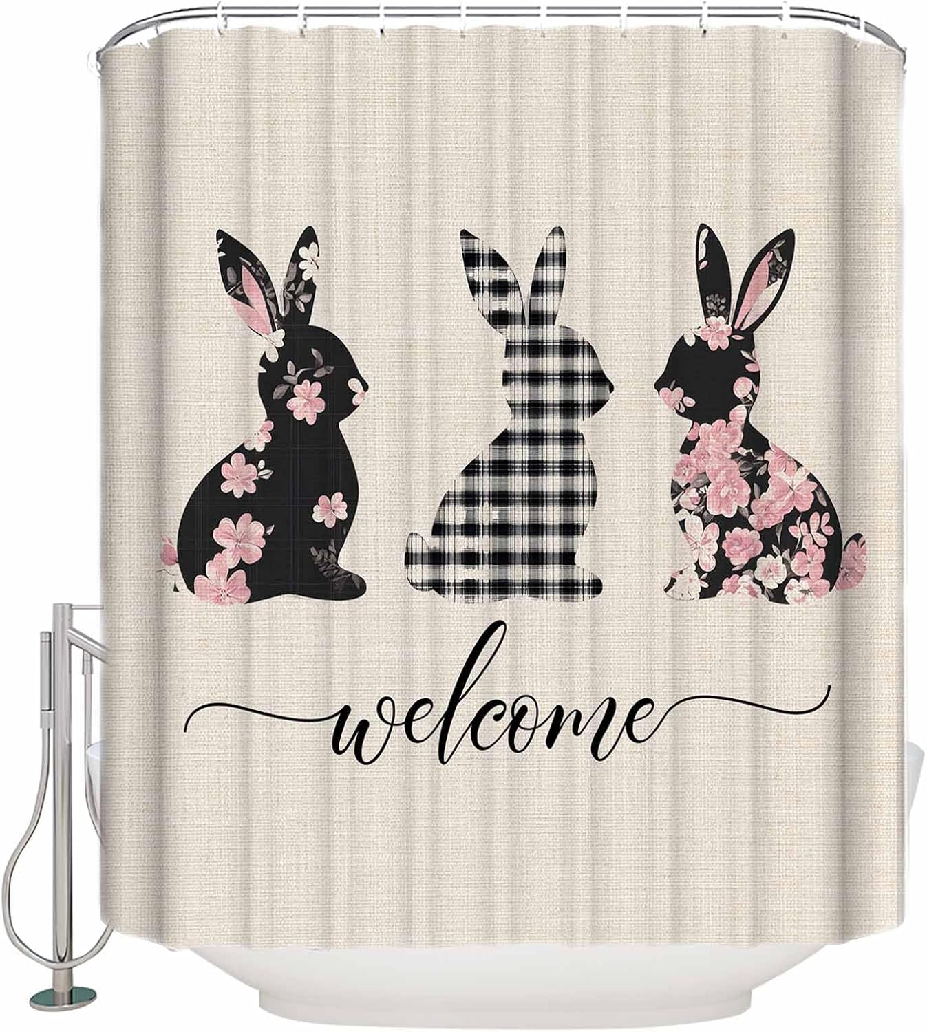 CosyBright Shower Curtain Set with Hooks 72x72 Inch Black Buffalo Plaid Easter Rabbits