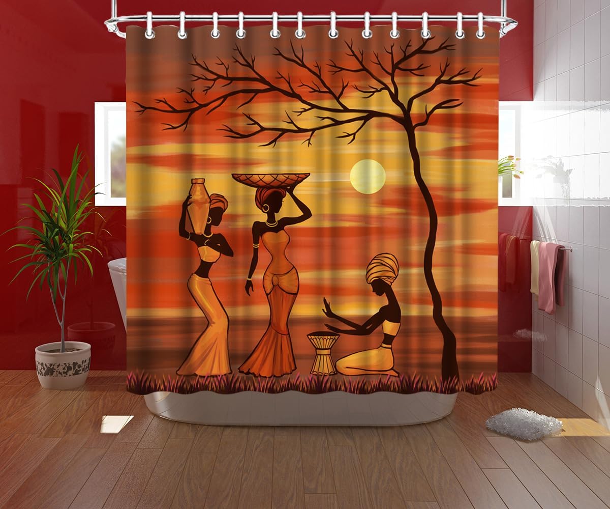 RnnJoile African Women Shower Curtain Set 72x72 Yellow Burnt Orange