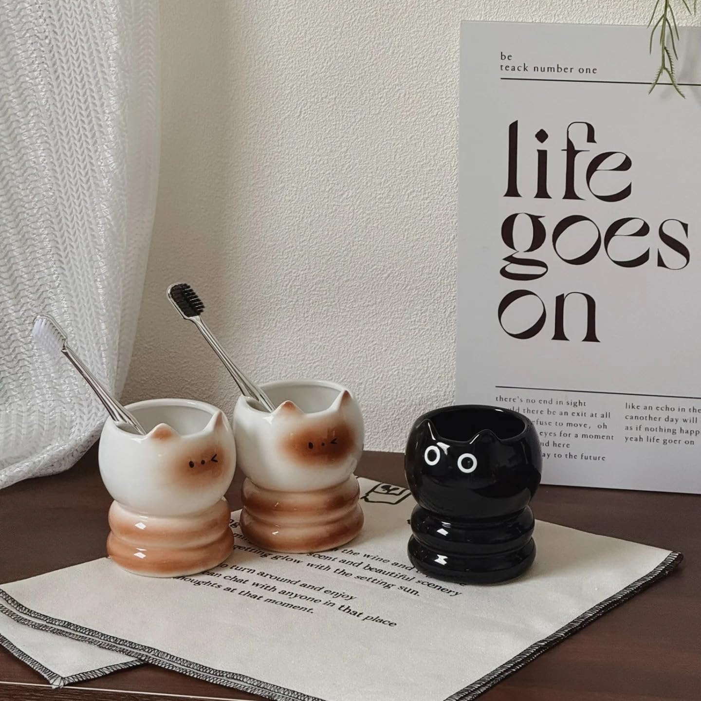Ceramic Toothbrush Cup Holder - Cute Cat Shape White