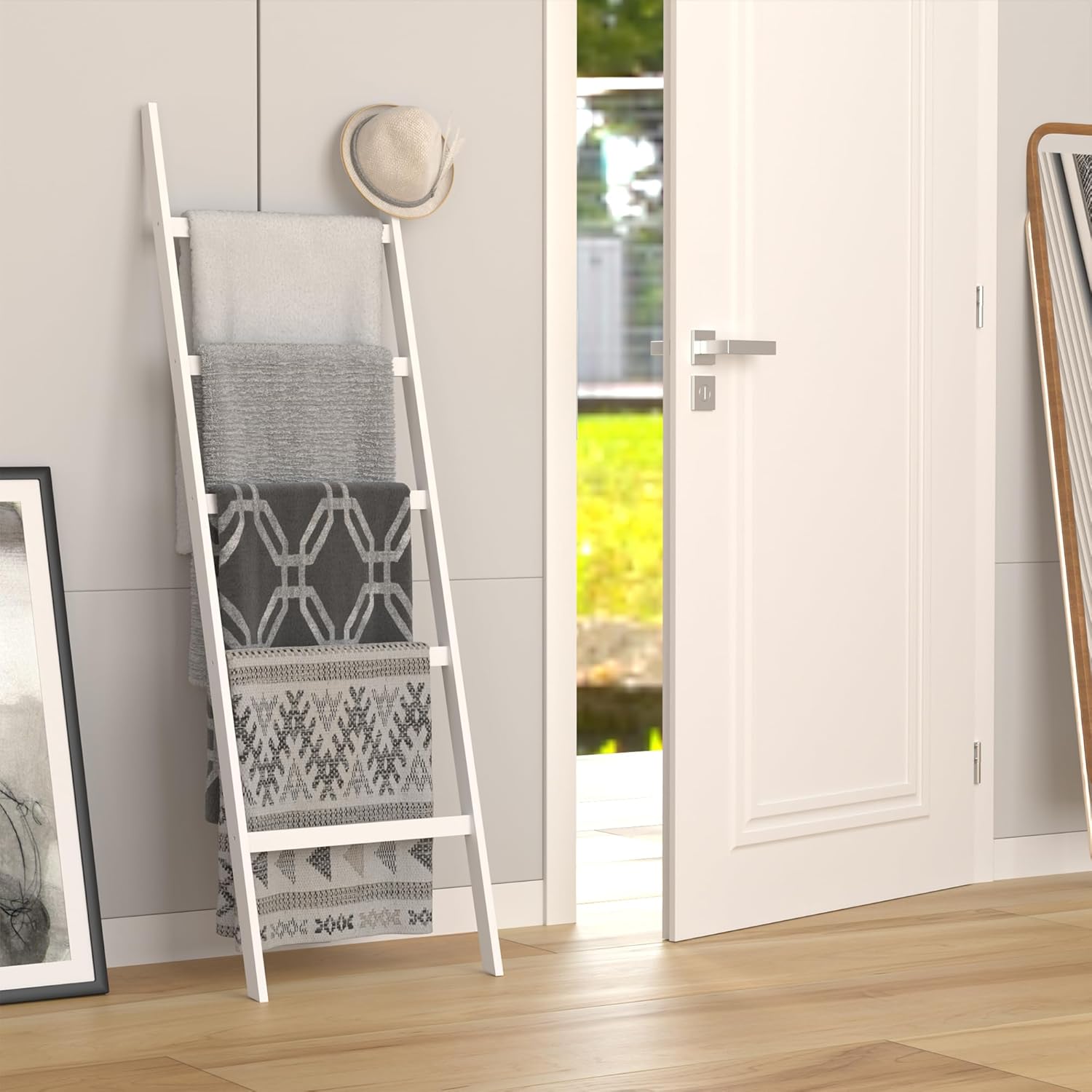 POXAKA 5-Tier Bamboo Blanket Ladder with White Lacquer