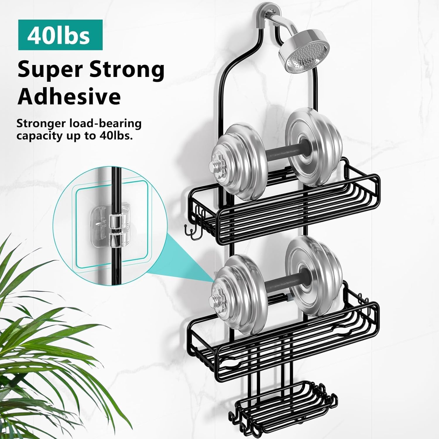 HAMITOR Adjustable Shower Caddy with 3-Tier Baskets and 4 Hooks - Black 1