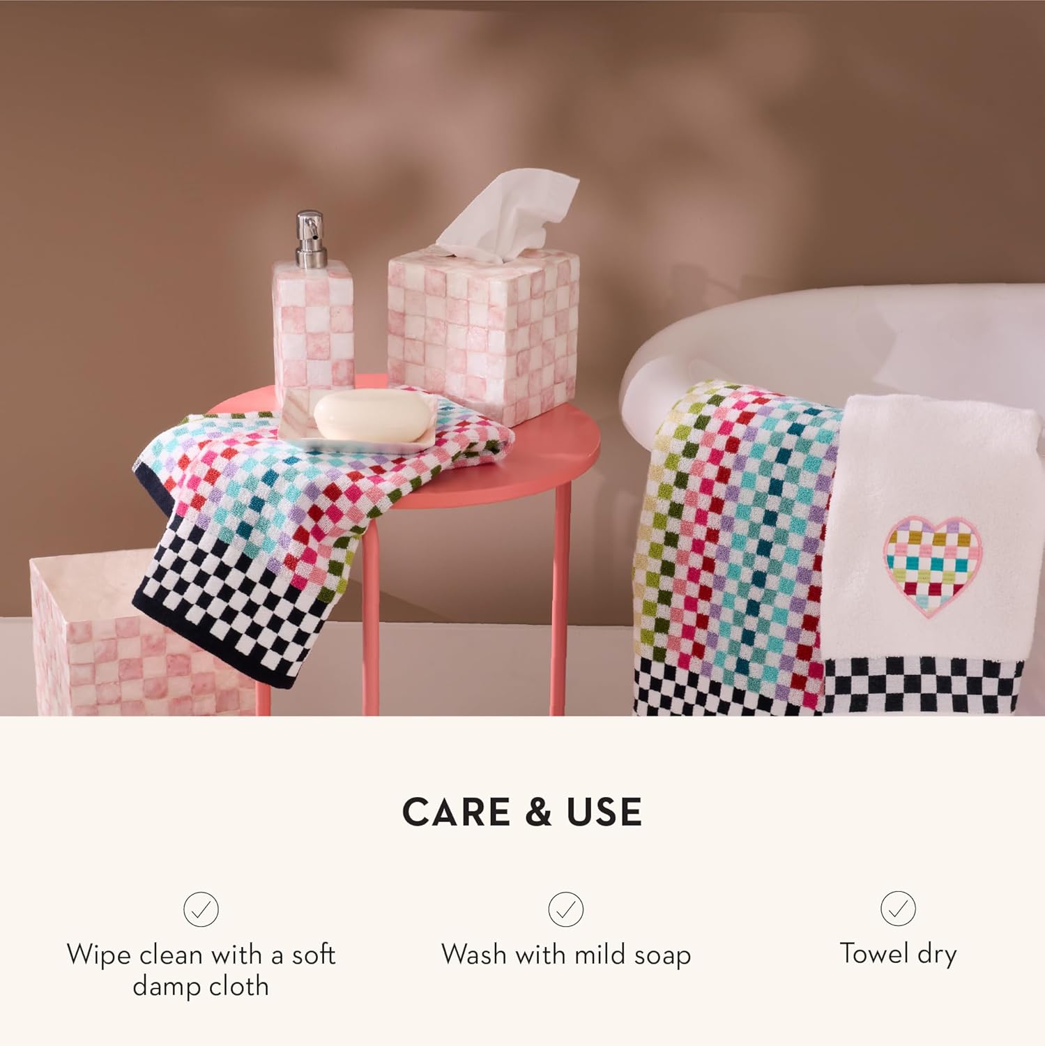 MACKENZIE-CHILDS Square Capiz Tissue Box Cover Rosy Check Pink and White