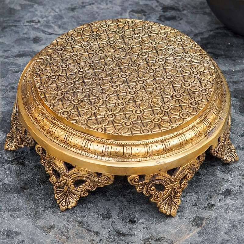 Statuestudio Brass Pooja Chowki with Pedestal - Gold