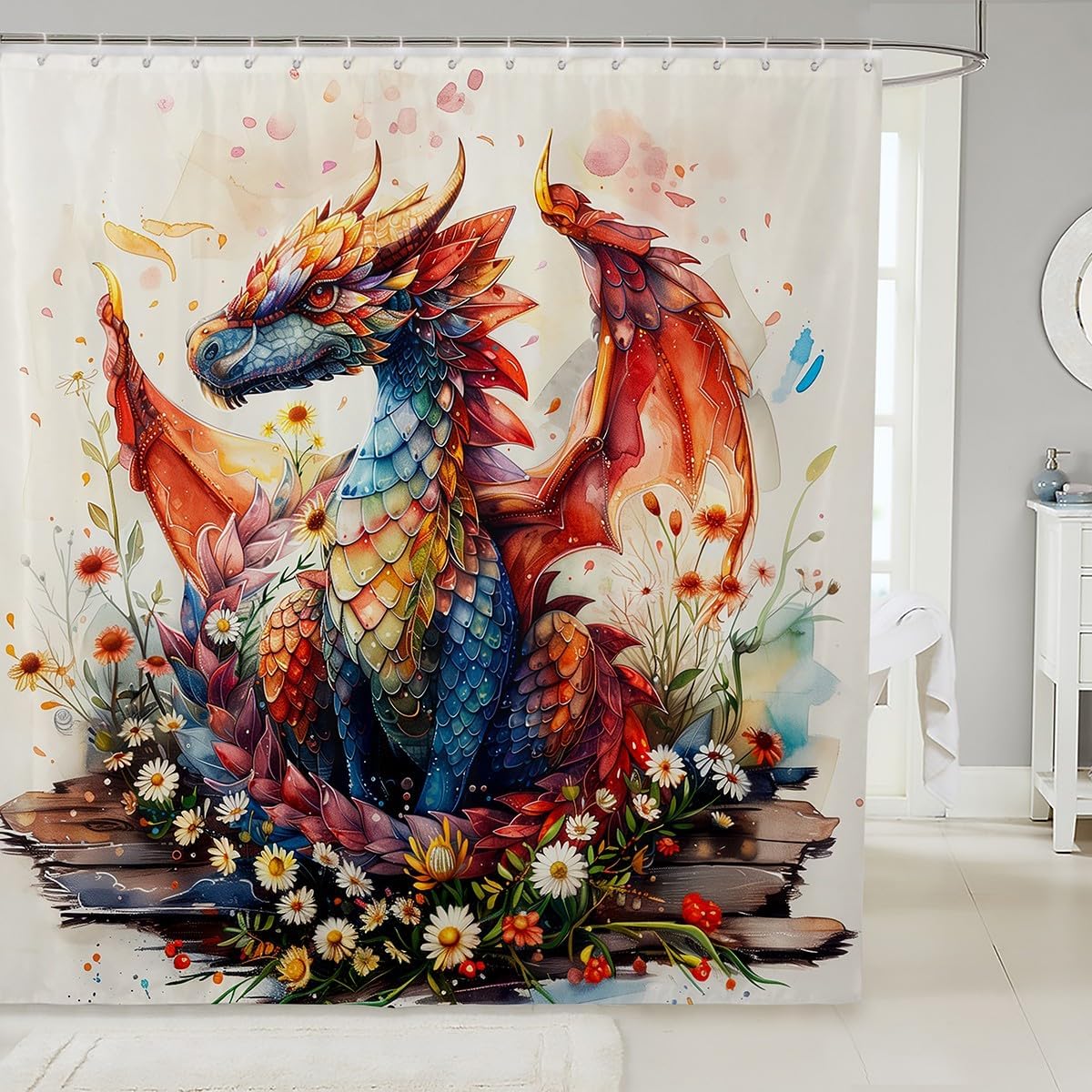 Erosebridal Colorful Flower Dragon Shower Curtain Set