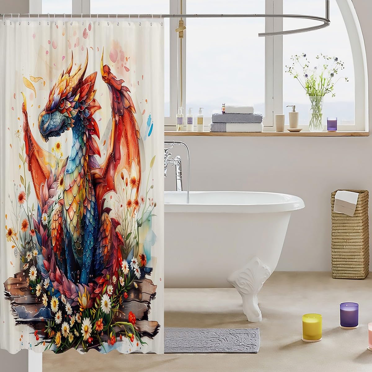 Erosebridal Colorful Flower Dragon Shower Curtain Set