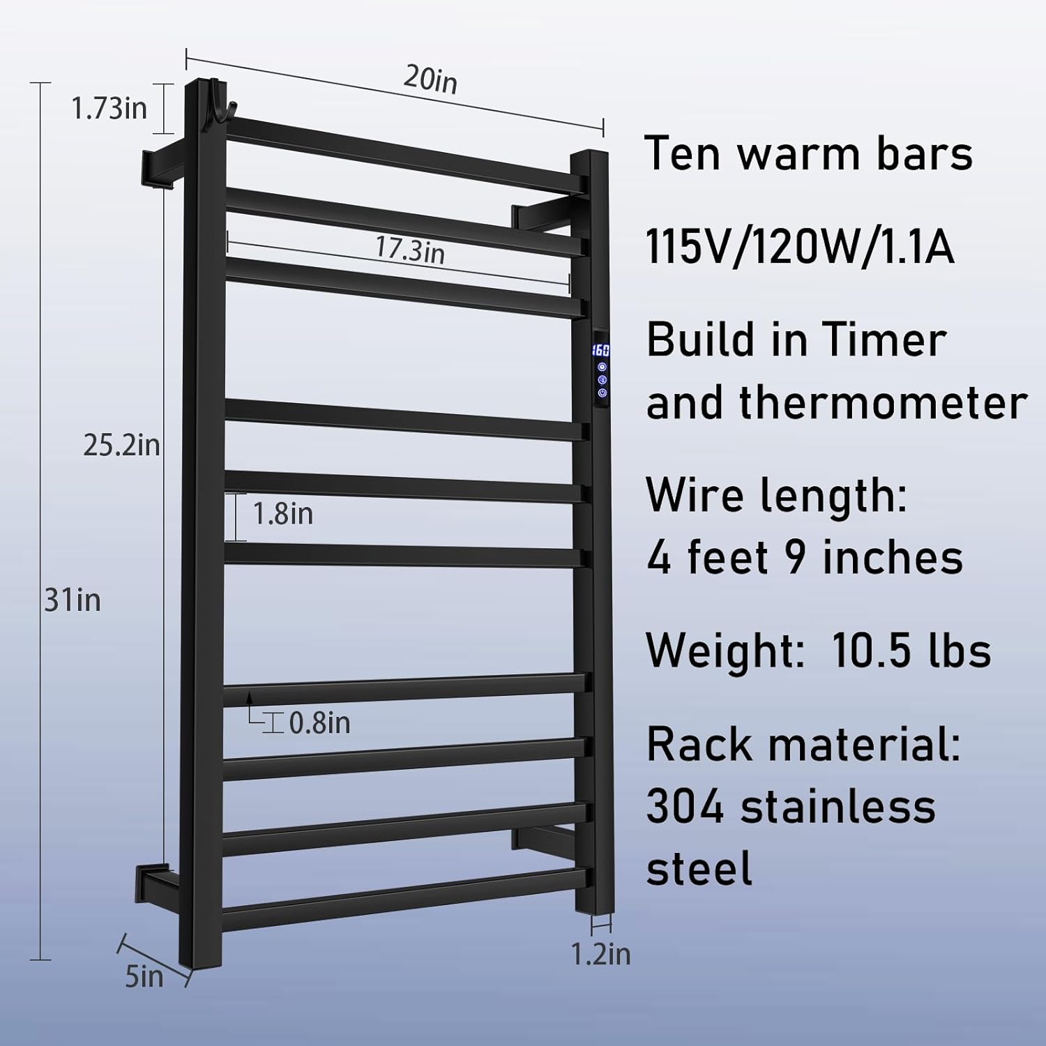 XBVV Matte Black 10-Bar Towel Warmer Rack with Timer and F Display