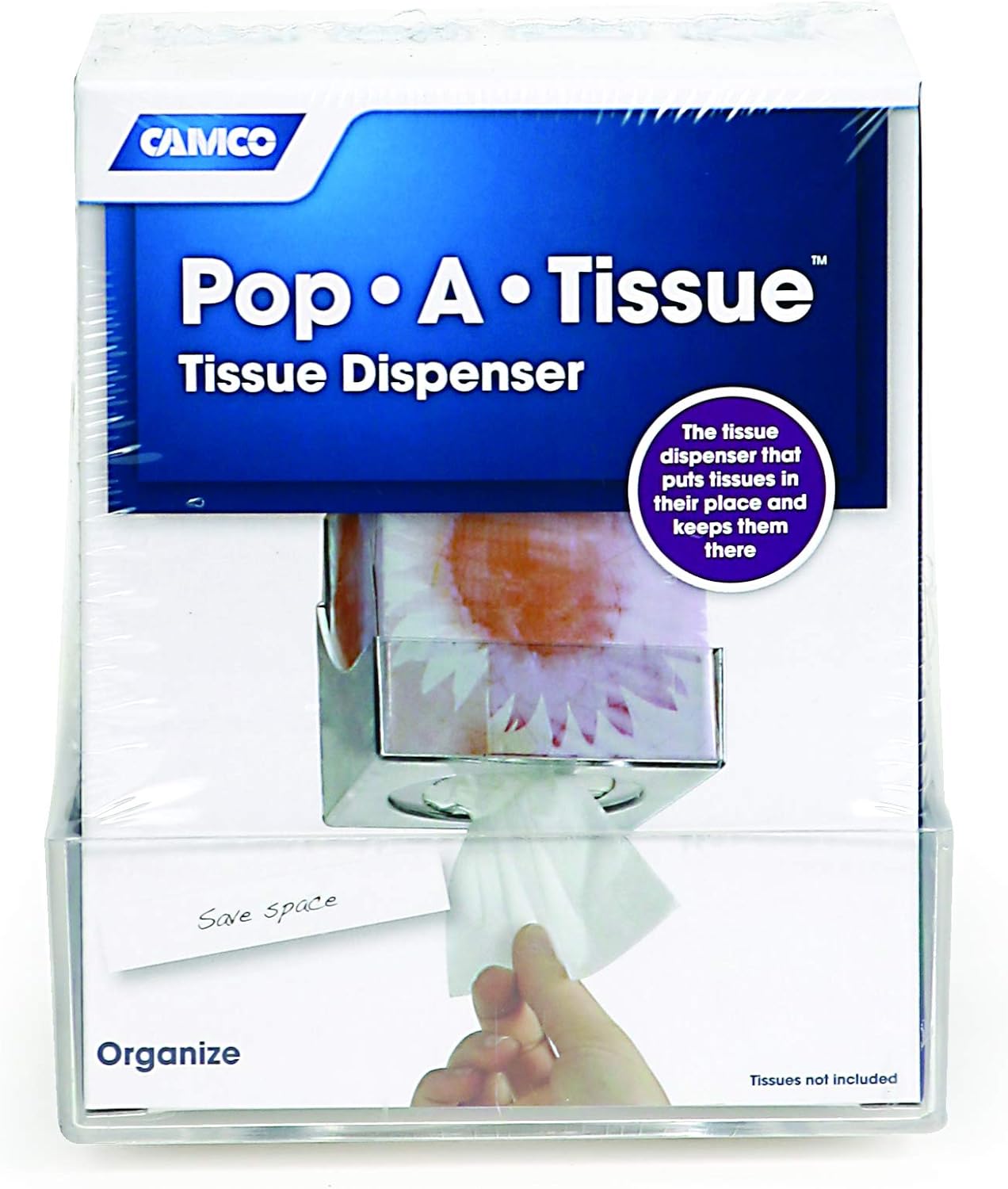 Camco Pop-A-Tissue Tissue Box Holder - Clear Easy Install WallCabinet Mount