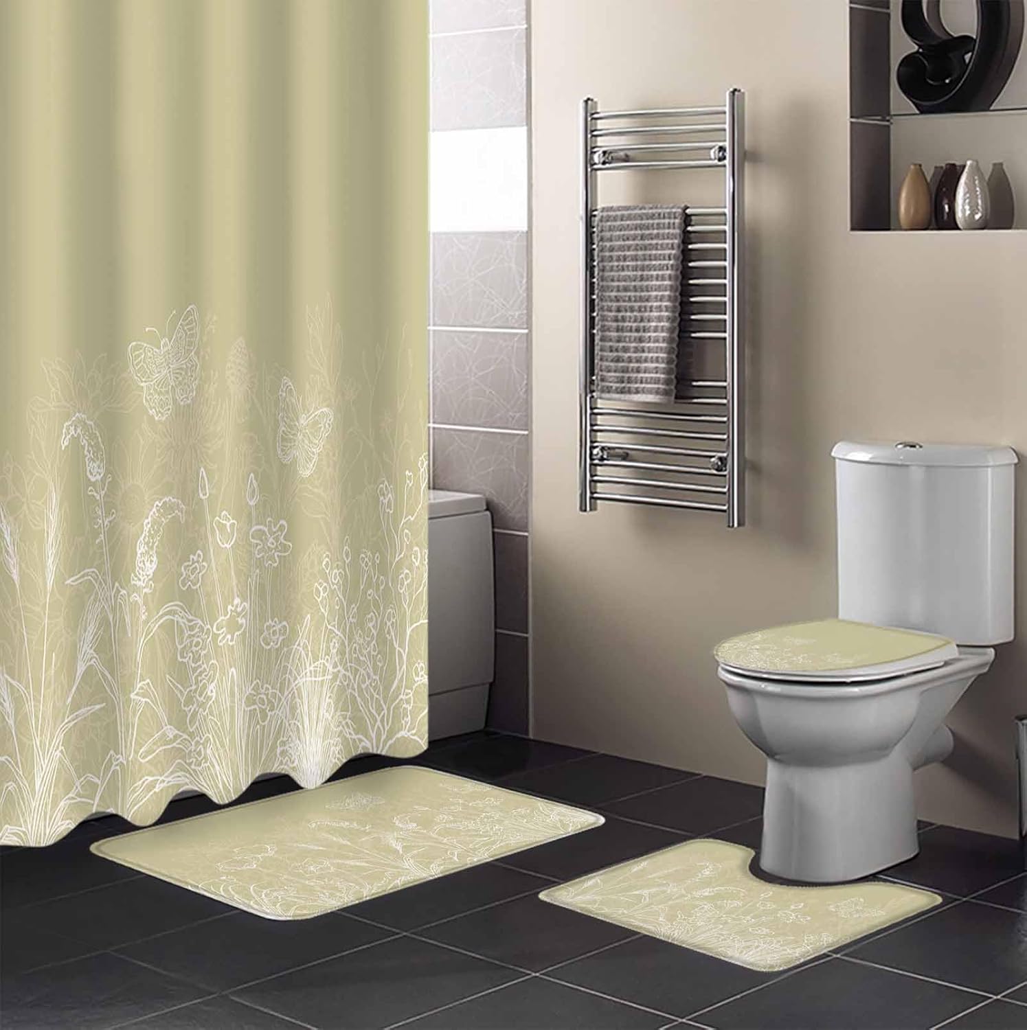 ZOE GARDEN Ivory Yellow Floral Shower Curtain Set