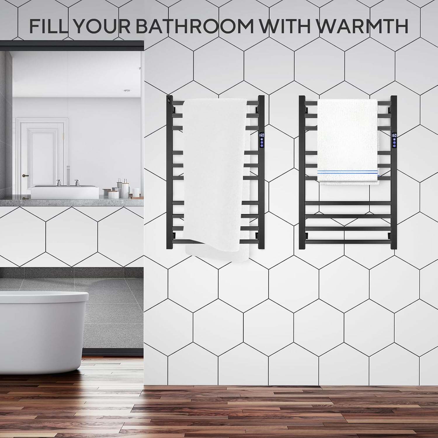 XBVV Matte Black 10-Bar Towel Warmer Rack with Timer and F Display