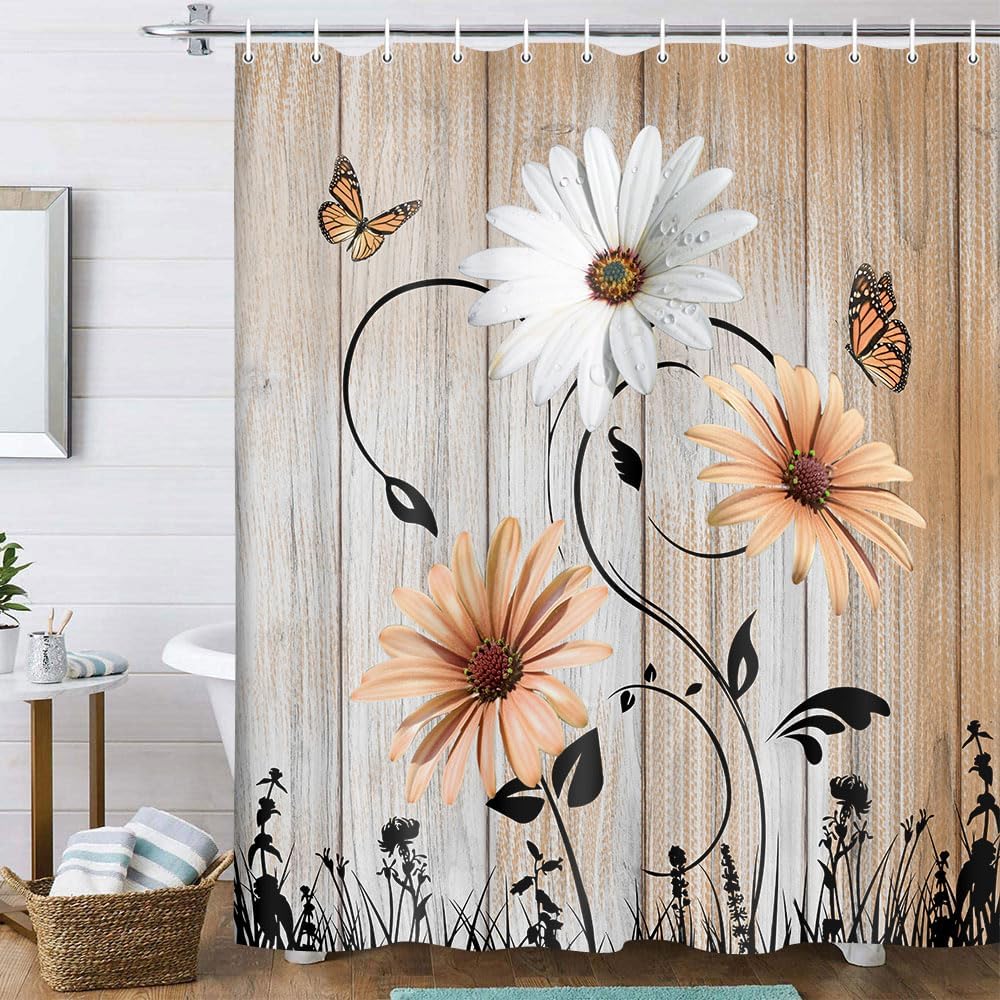 Rustic Farmhouse Floral Shower Curtain Set with Hooks