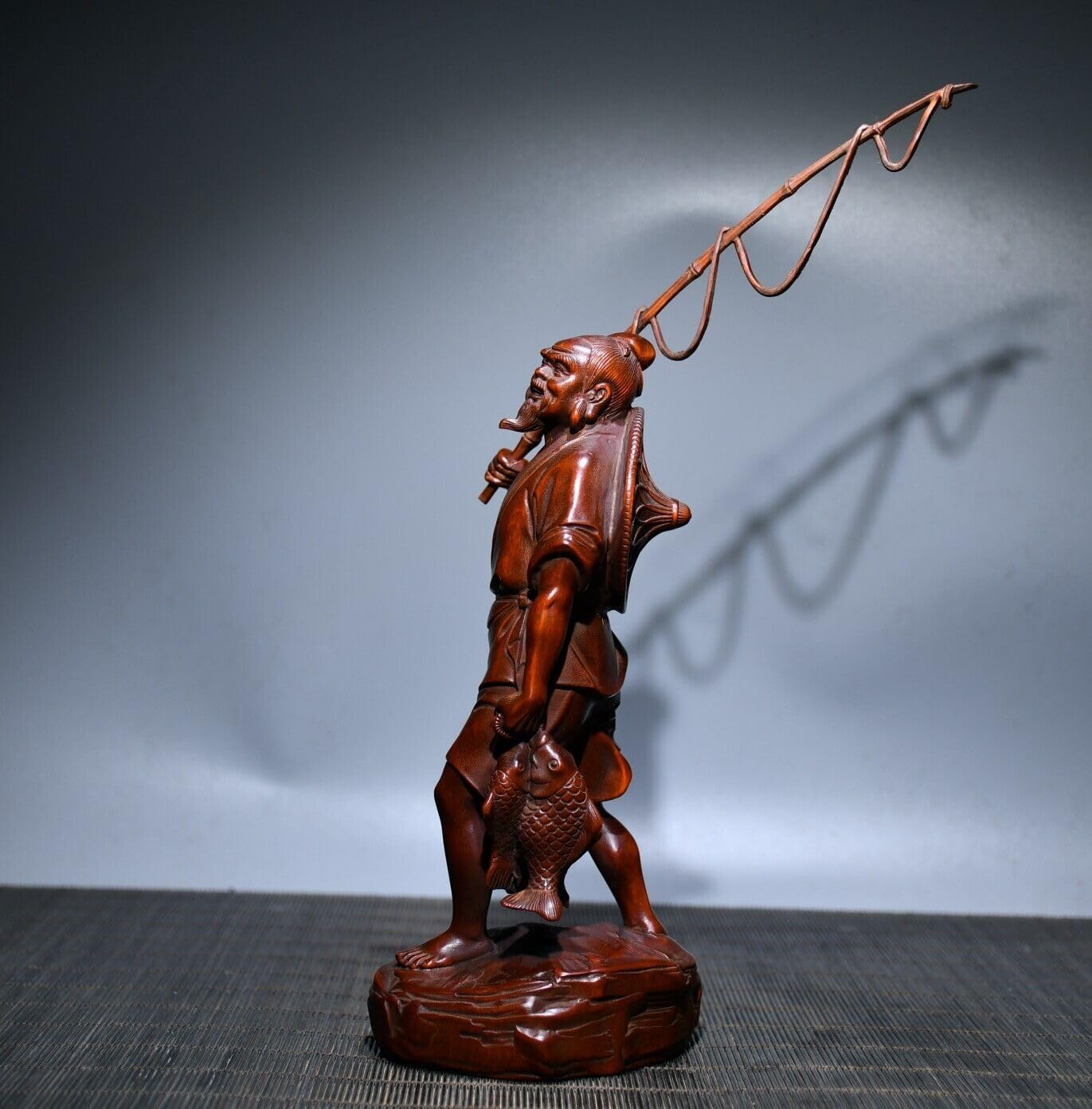 Handcrafted Boxwood Fisherman Statue Meditating Home Decor