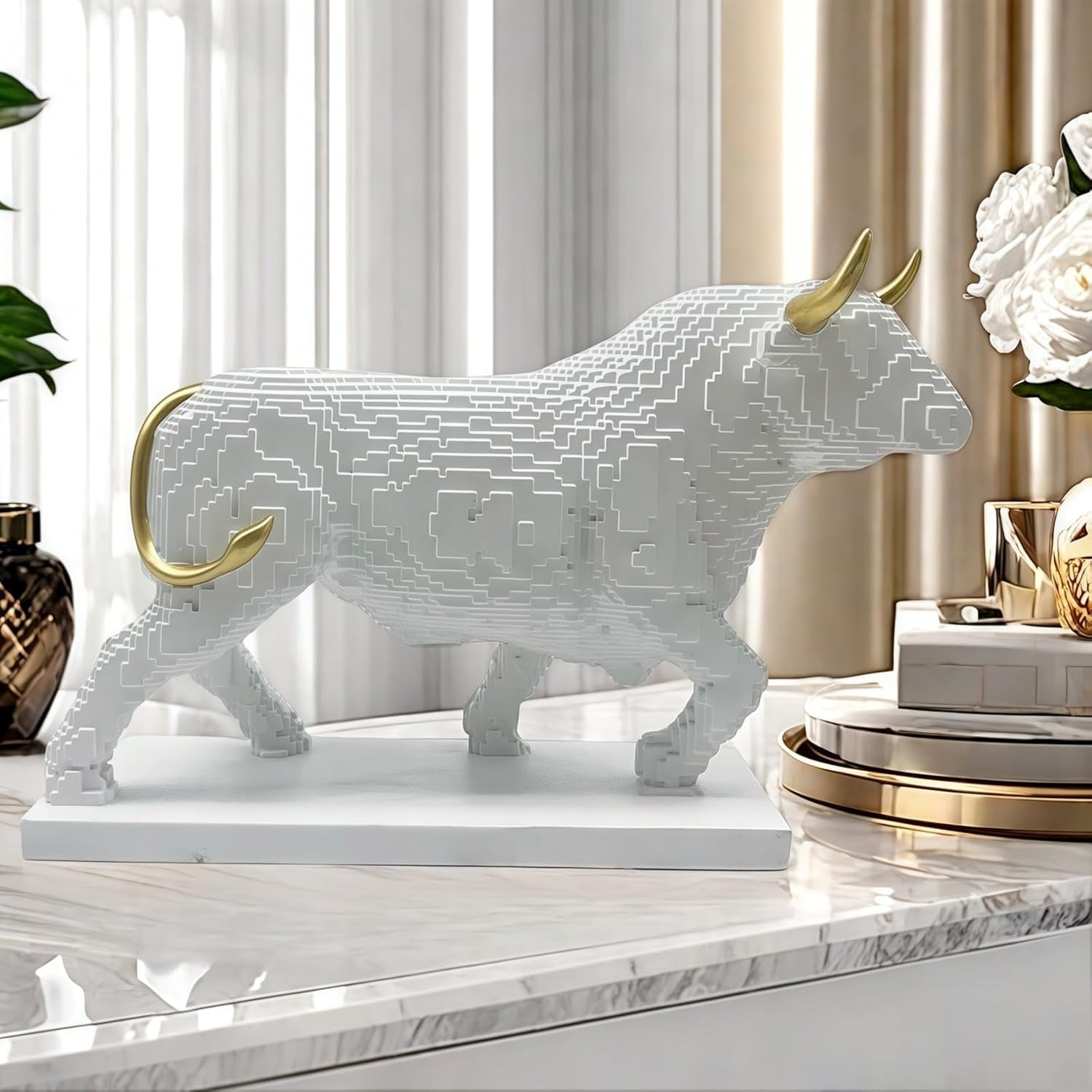 Pixelated Bull Sculpture Decor Artsy Figurine Home Office