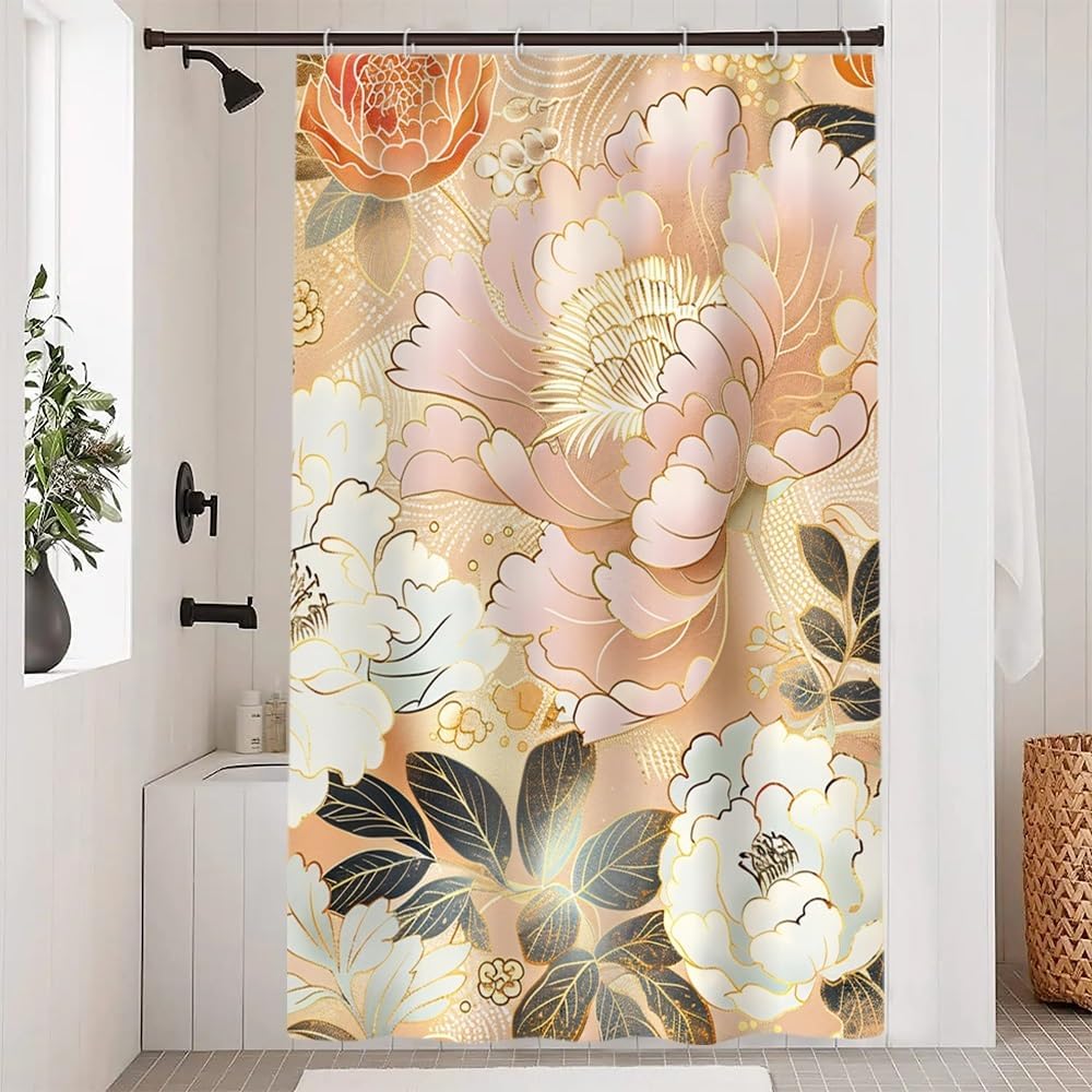 Pink and Gold Floral Shower Curtain Set