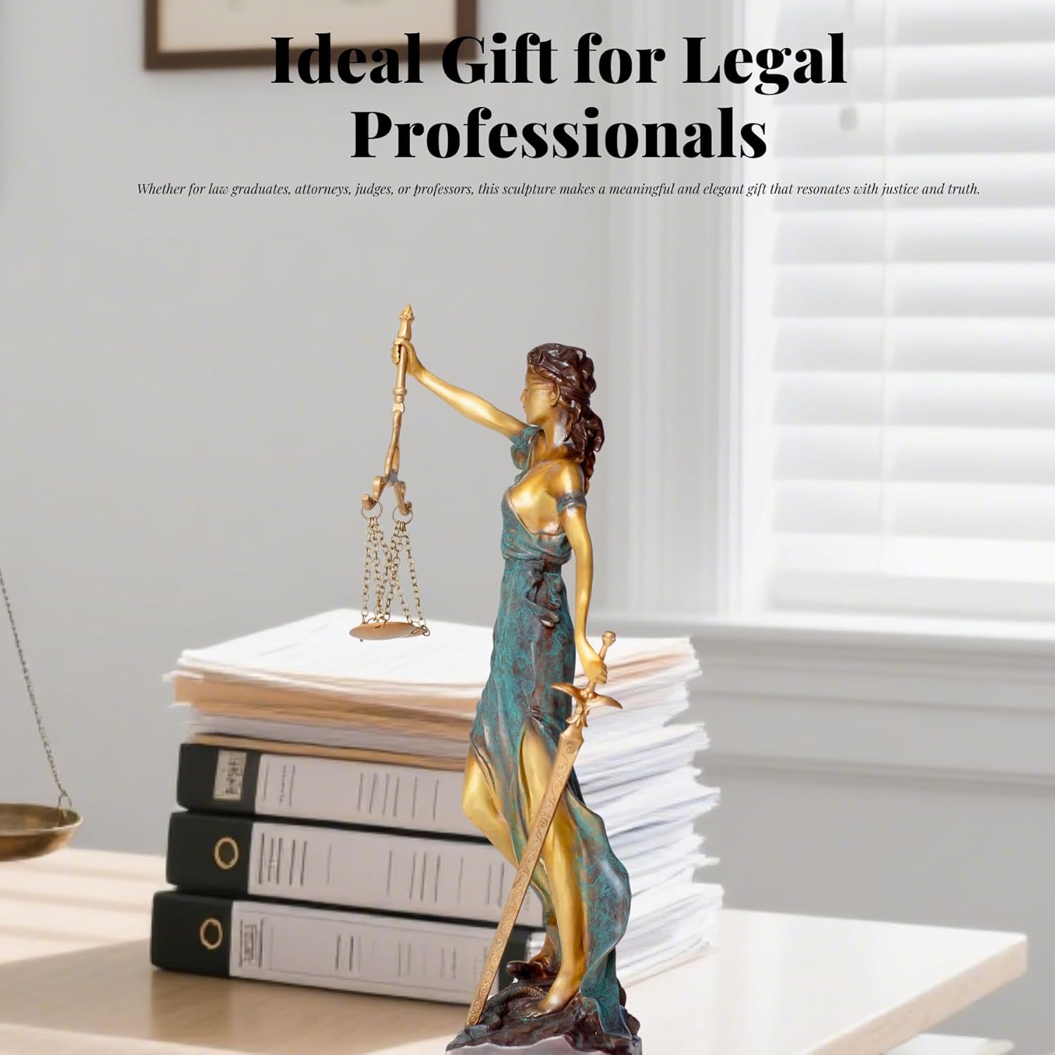 R REALONG Bronze Blind Justice Statue 11 Law Figure Office Desk Sculpture