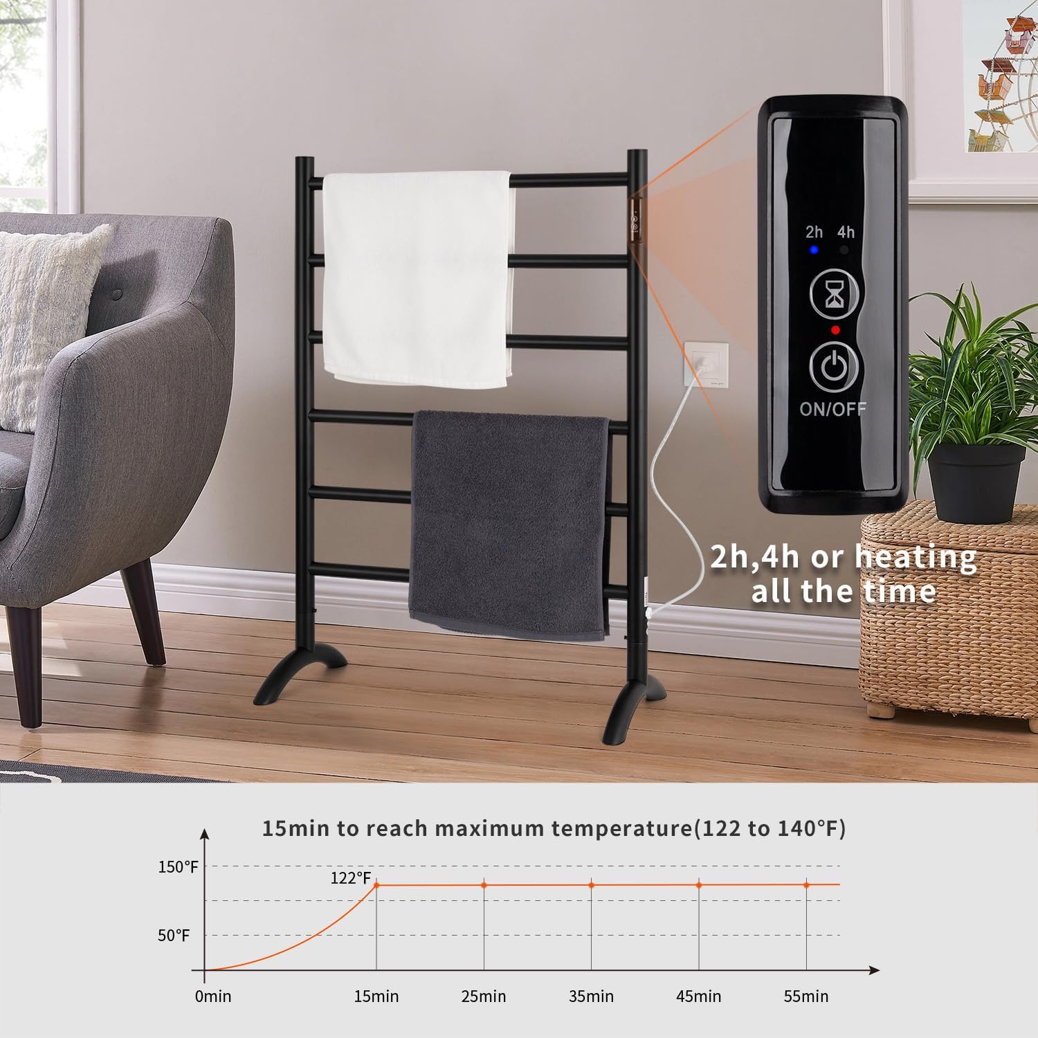 NORTTA Freestanding Towel Warmer 6 Bars 3 Modes Black Stainless Steel 1