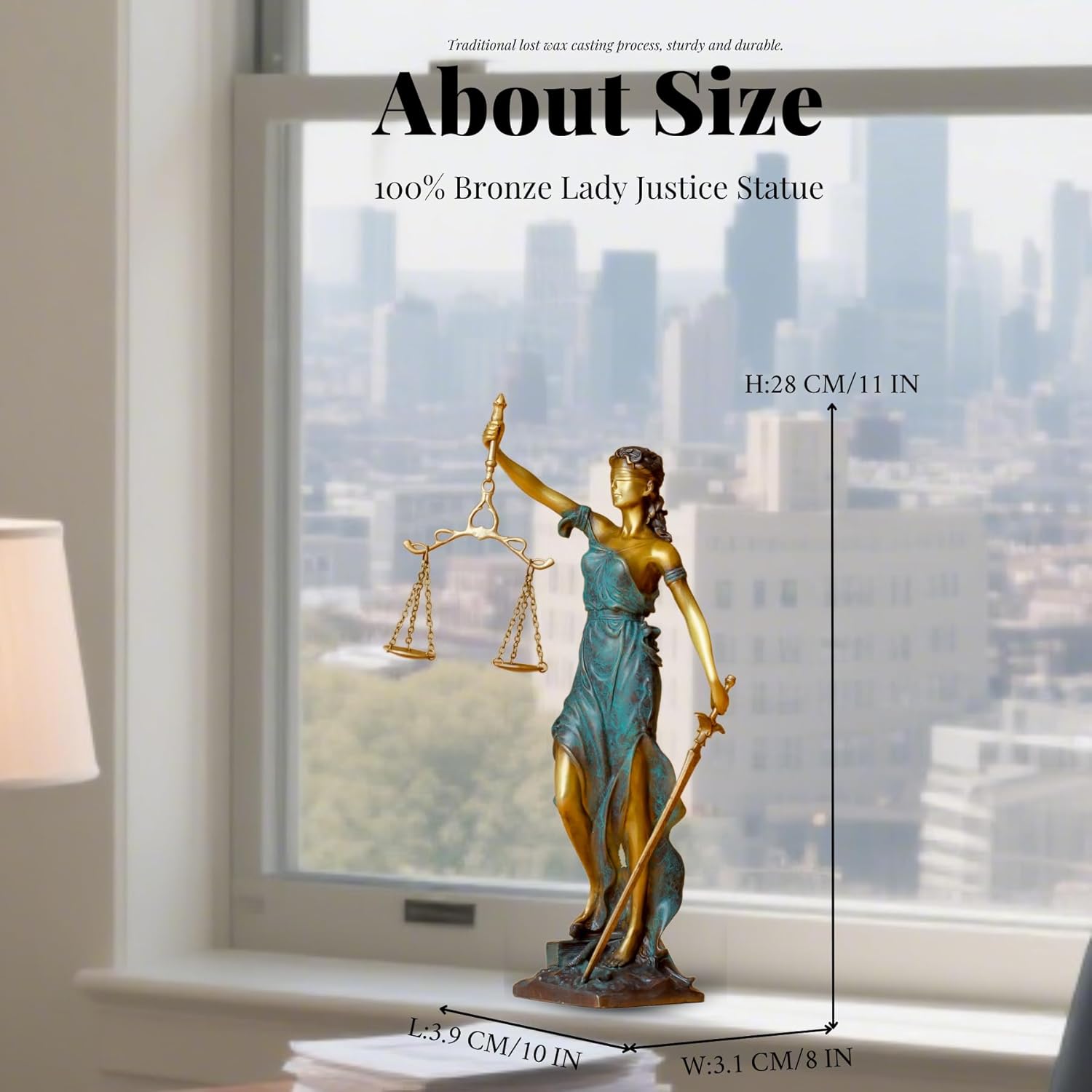 R REALONG Bronze Blind Justice Statue 11 Law Figure Office Desk Sculpture