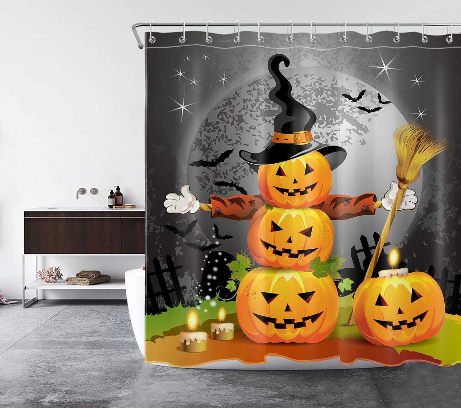 LB Halloween Pumpkin Magic Hat Ghost Broom Shower Curtain Set