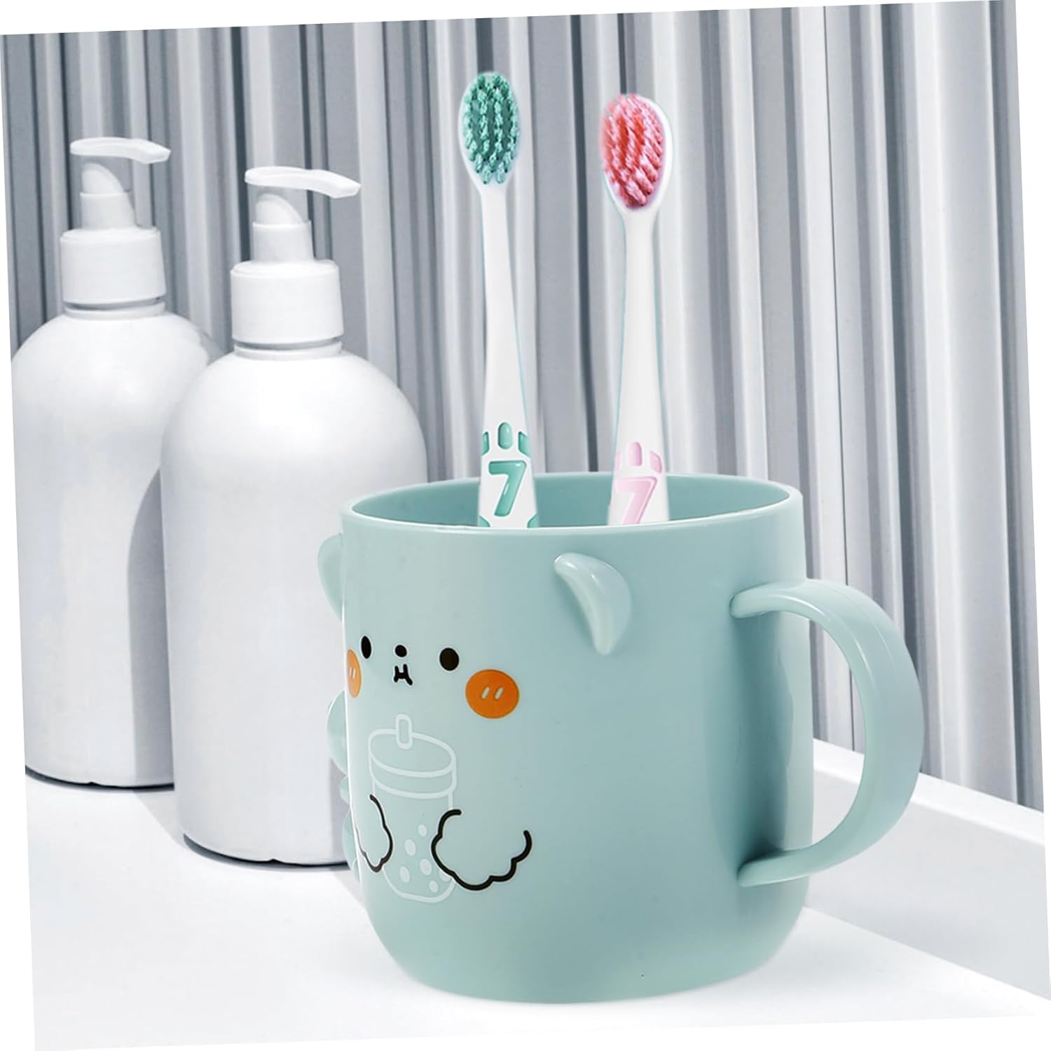 2Pcs Cute Bear Design Reusable Plastic Tumblers for Toothbrush