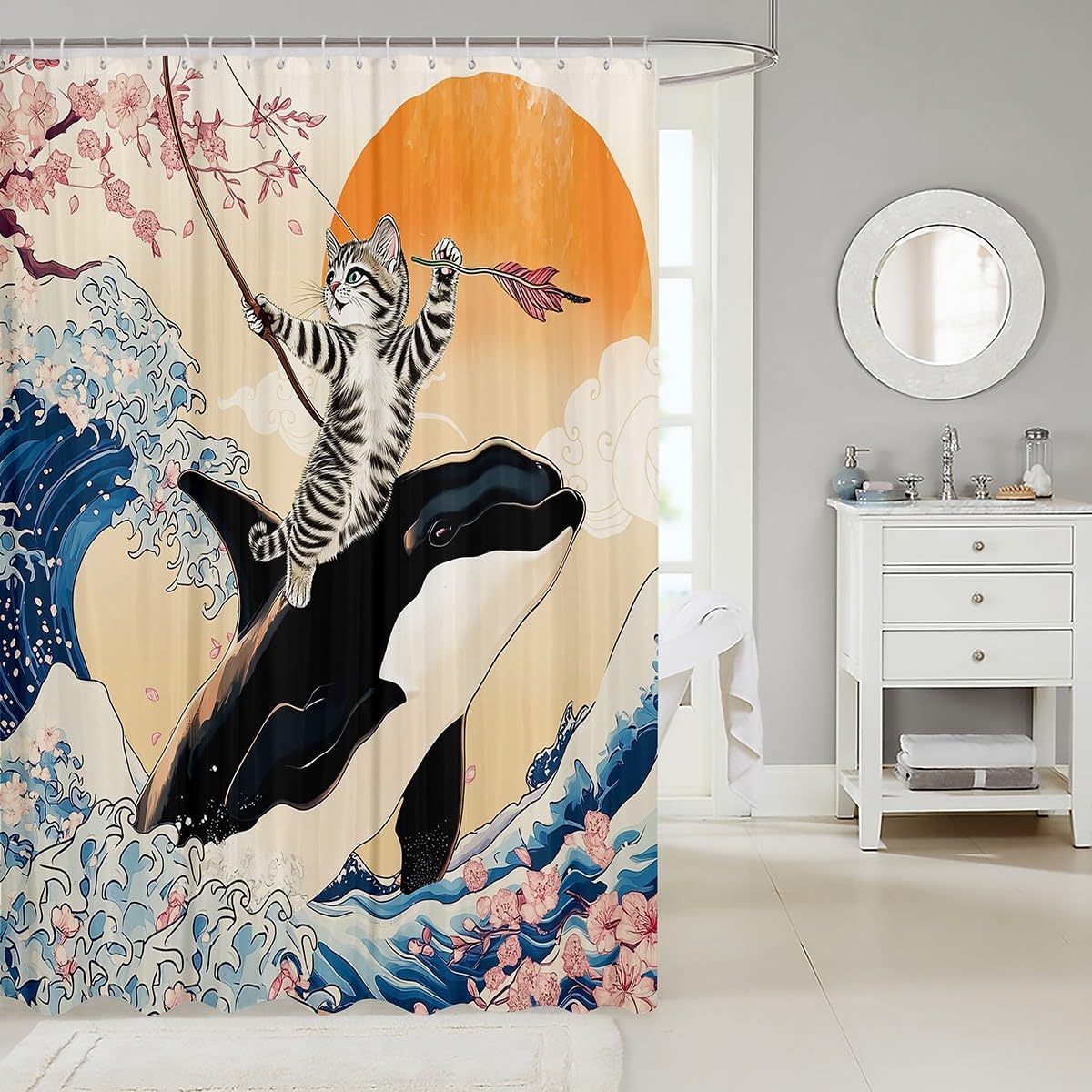 Funny Cat Shower Curtain with Cherry Blossoms Pattern