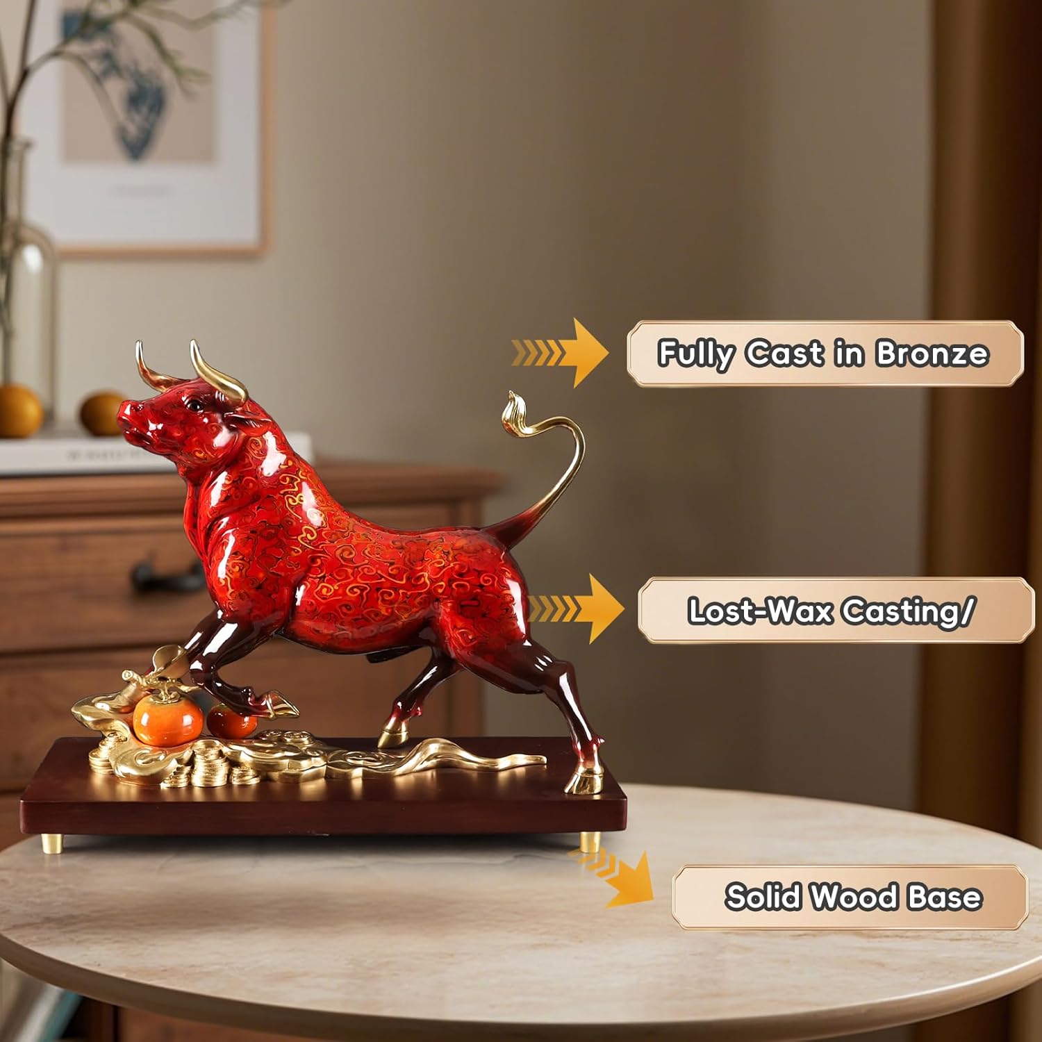 Brass Charging Bull Statue - Red Gold Home Decor Sculpture