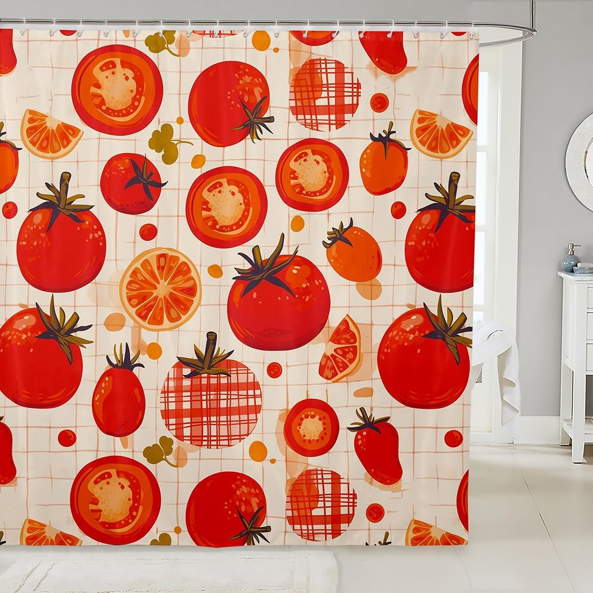 Erosebridal Waterproof Cartoon Tomato Shower Curtain 72x78 Red White Plaid
