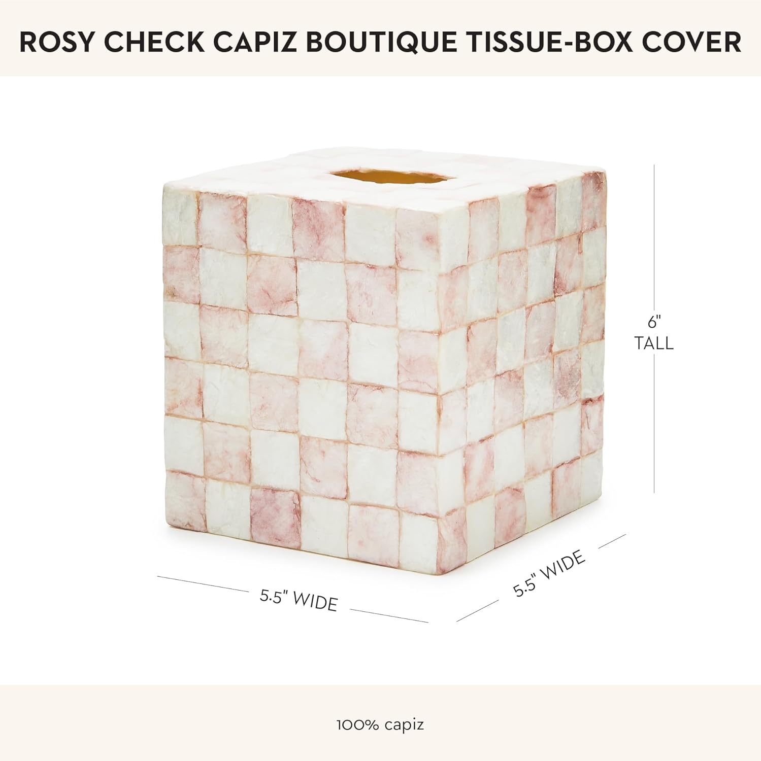 MACKENZIE-CHILDS Square Capiz Tissue Box Cover Rosy Check Pink and White