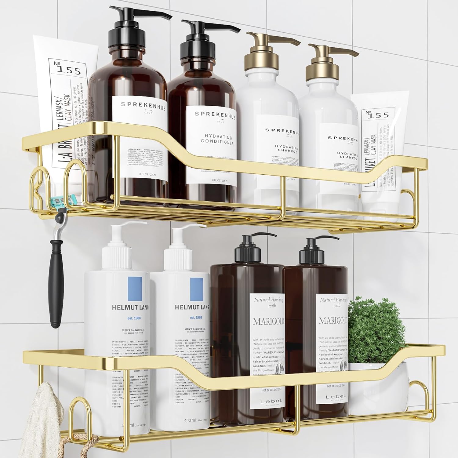 Kitsure Shower Caddy Large - 2 Pack Gold Adhesive Organizer