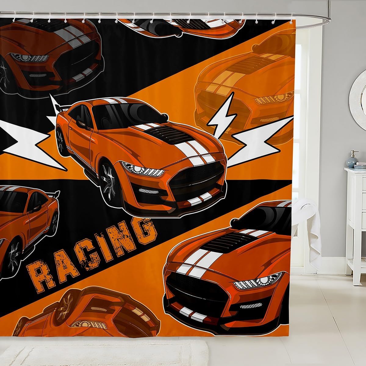 Erosebridal Race Car Shower Curtain Set for Boys Kids